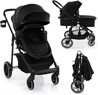 COSTWAY 2 in 1 Baby Pushchair, Foldable Travel System Pram with Reversible Seat, Adjustable Canopy, Storage Basket, Cup Holder, Lightweight Infant Stroller for 0-36 Months (Black)