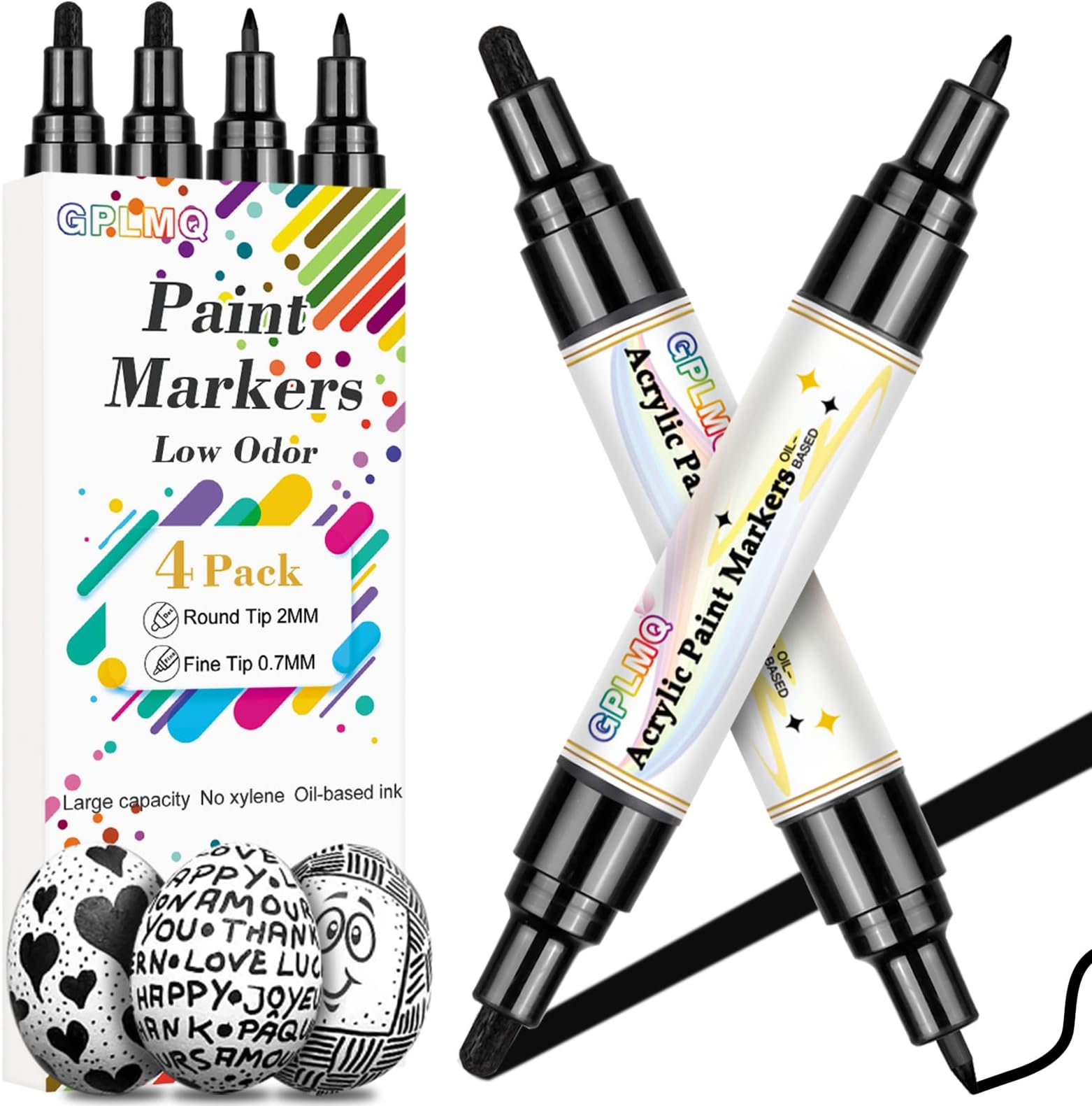 Black Paint Pens - 4 Pack Dual Tip Acrylic Paint Markers (0.7mm & 3mm), Non-Toxic, Water-Based Black Markers for Art Painting, Stone, Ceramic, Glass, Wood, Fabric, Metal, DIY Crafts