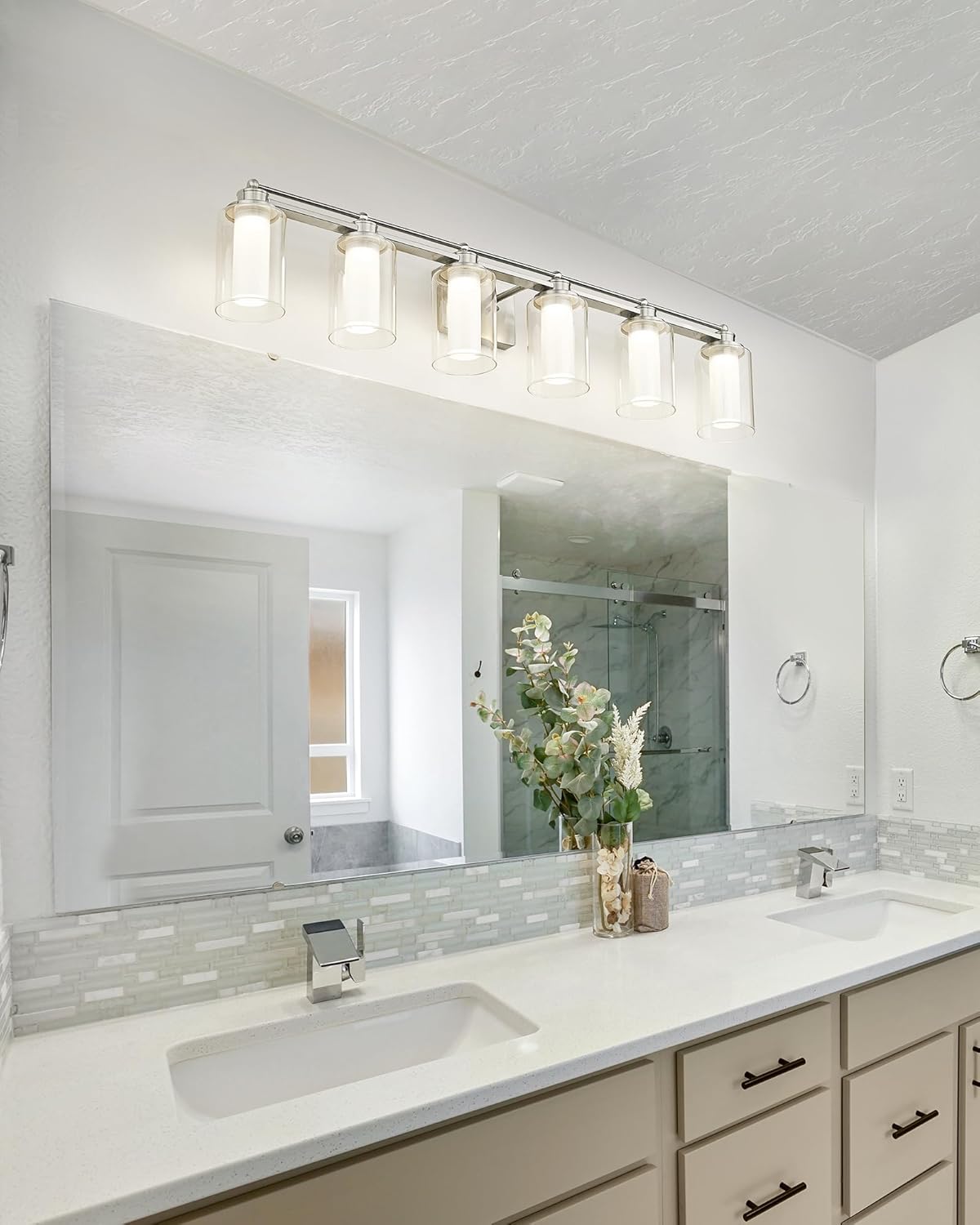 6 Light Bathroom Vanity Light, HWH Brushed Nickel Vanity Lights for Bathroom, Modern Vanity Lights Over Mirror with Clear Glass Shade, 36W 5CCT LED Wall Lights Dimmable, 5HLT63B-6W-LED BN