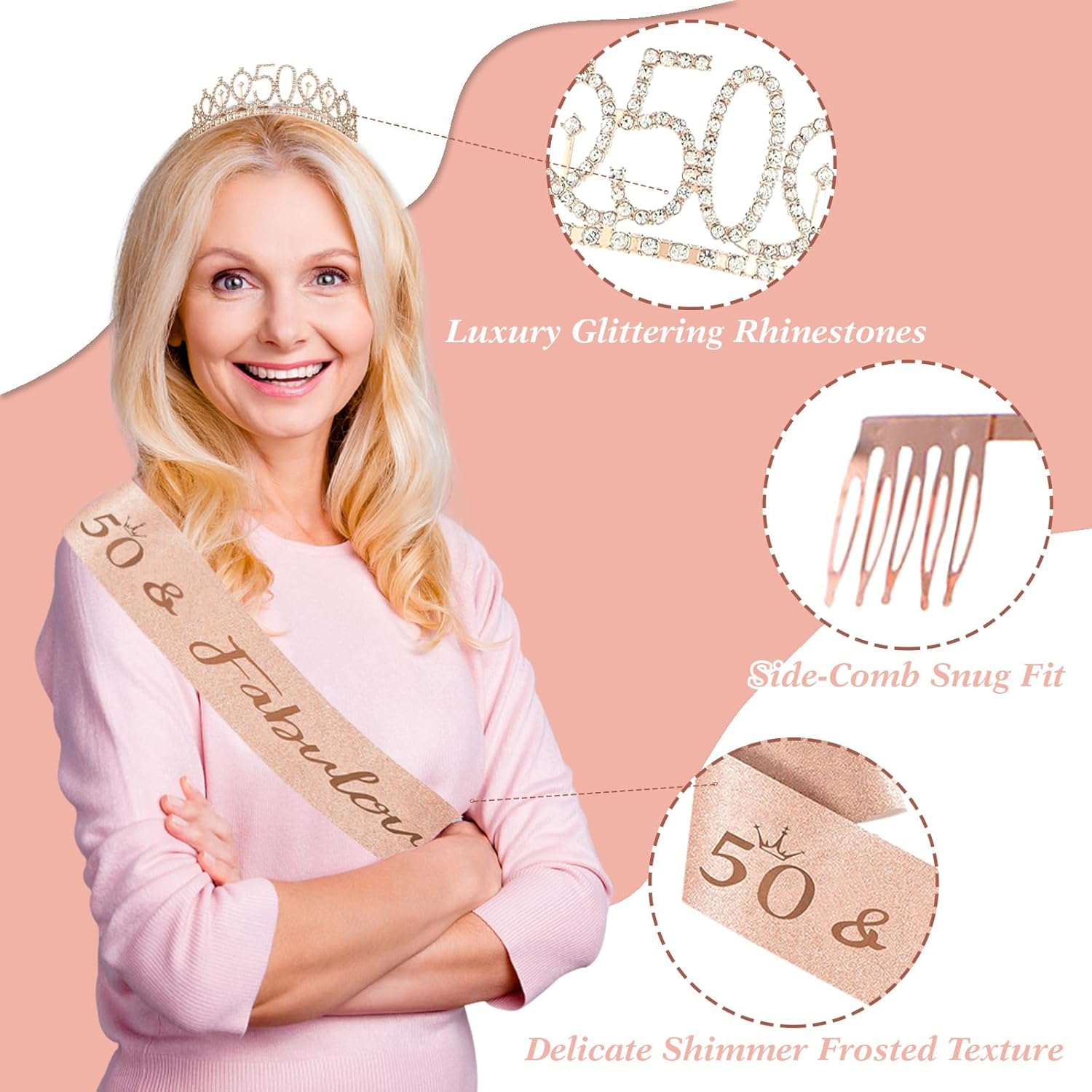 50th Birthday Decorations, 43pcs 50th Birthday Decorations for Women, Black Rose Gold Party Supplies Set, 50 Years Old Crown and Sash,Backdrop, Balloon, Banner, Hanging Swirls, Paper Fans - Image 4