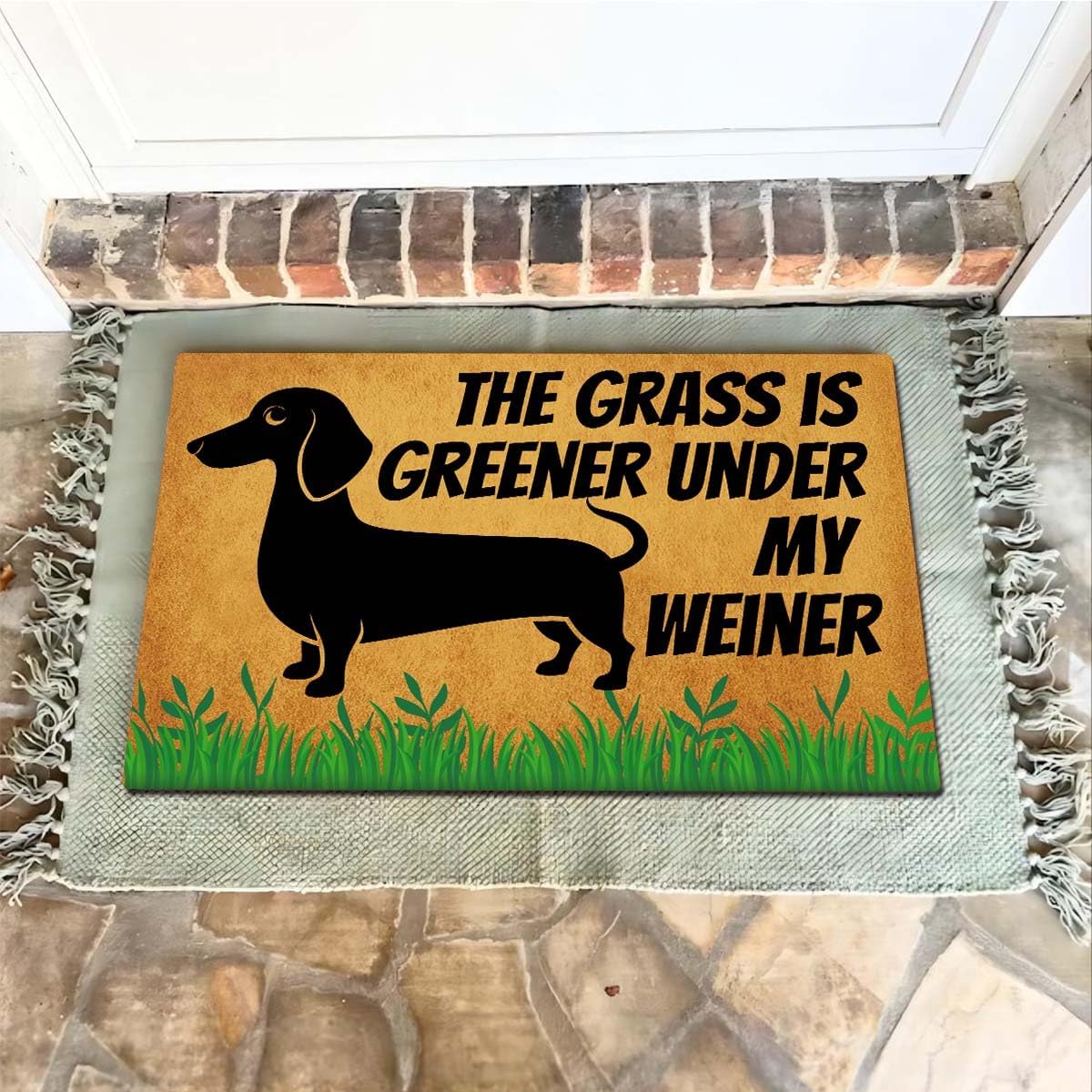 Funny Welcome Doormats 15.9"(W) X 23.7"(L) Front Porch Doormat Personalized Prank Gift Mats for The Entrance Way Outside (The Grass is Greener Under My Weiner Dachshund Dog Lover)