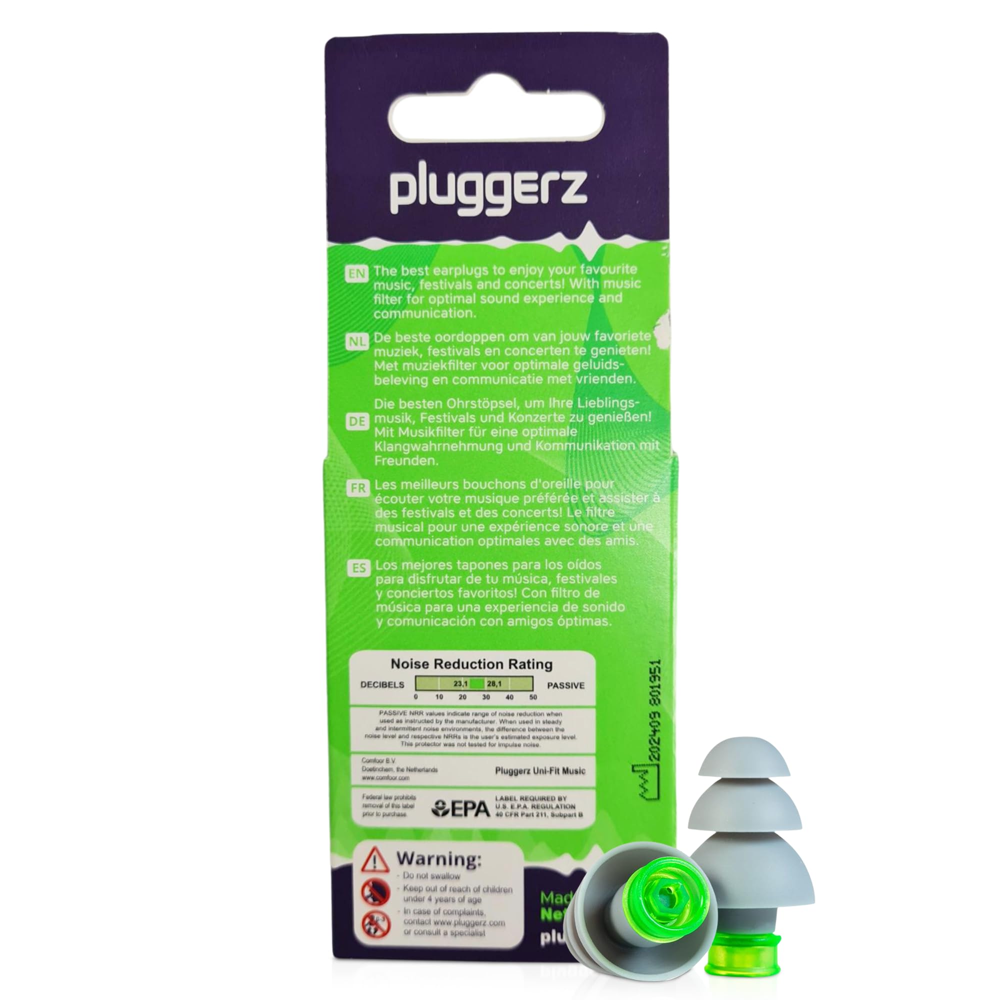 Pluggerz Enjoy Music Earplugs, Skin-Friendly Material Ear Plugs with Filter, 23–28 dB Noise Reduction Rating, Universal-Fit Hearing Protection for Concerts, Festivals, Musicians & Events, 1 Pair