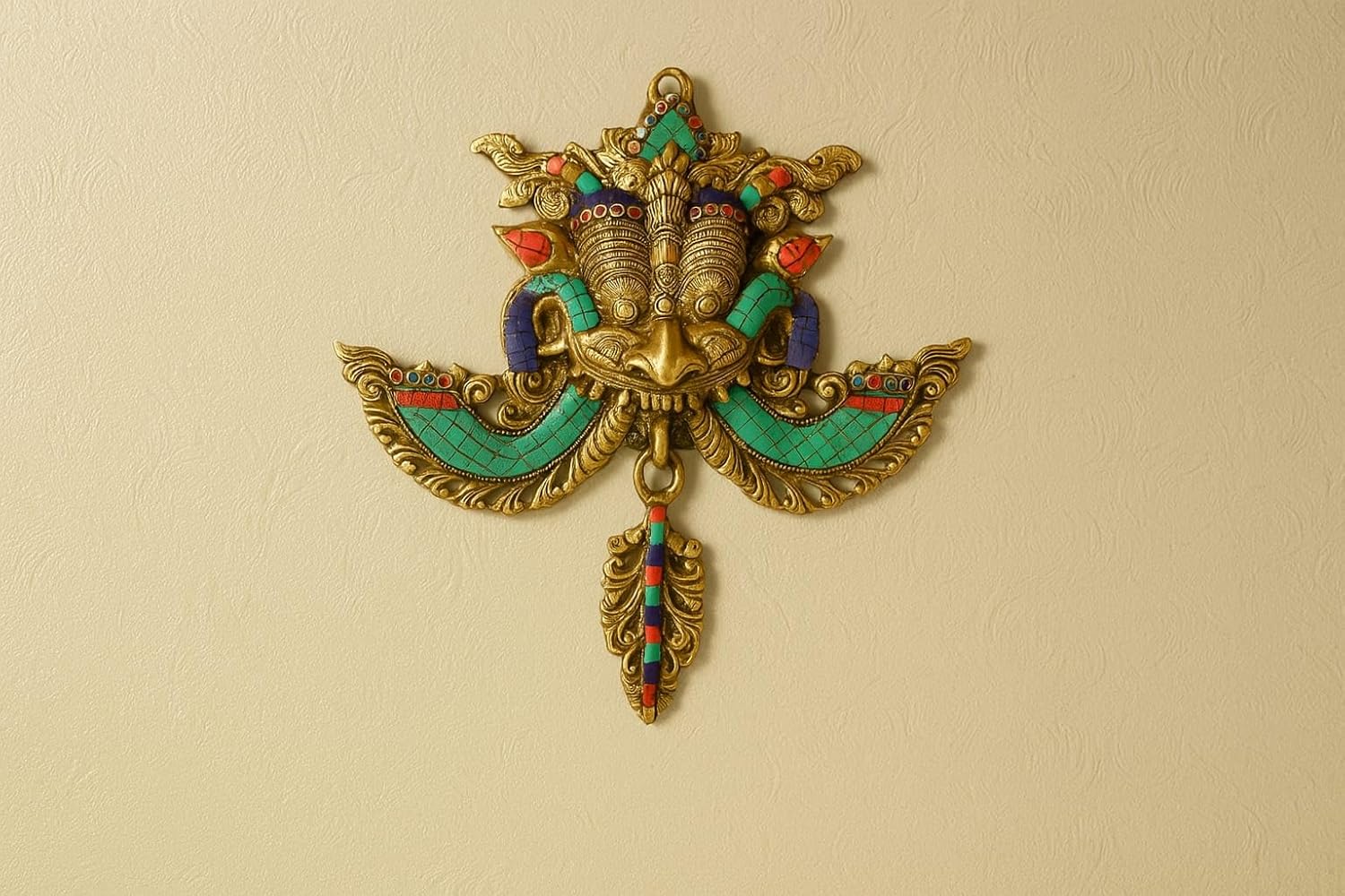 Brass Wall Hanging Mask Multicolor Stone Work Decorative Face Mask with Tribal Design Traditional Indian Wall Dcor Art Piece for Home & Office