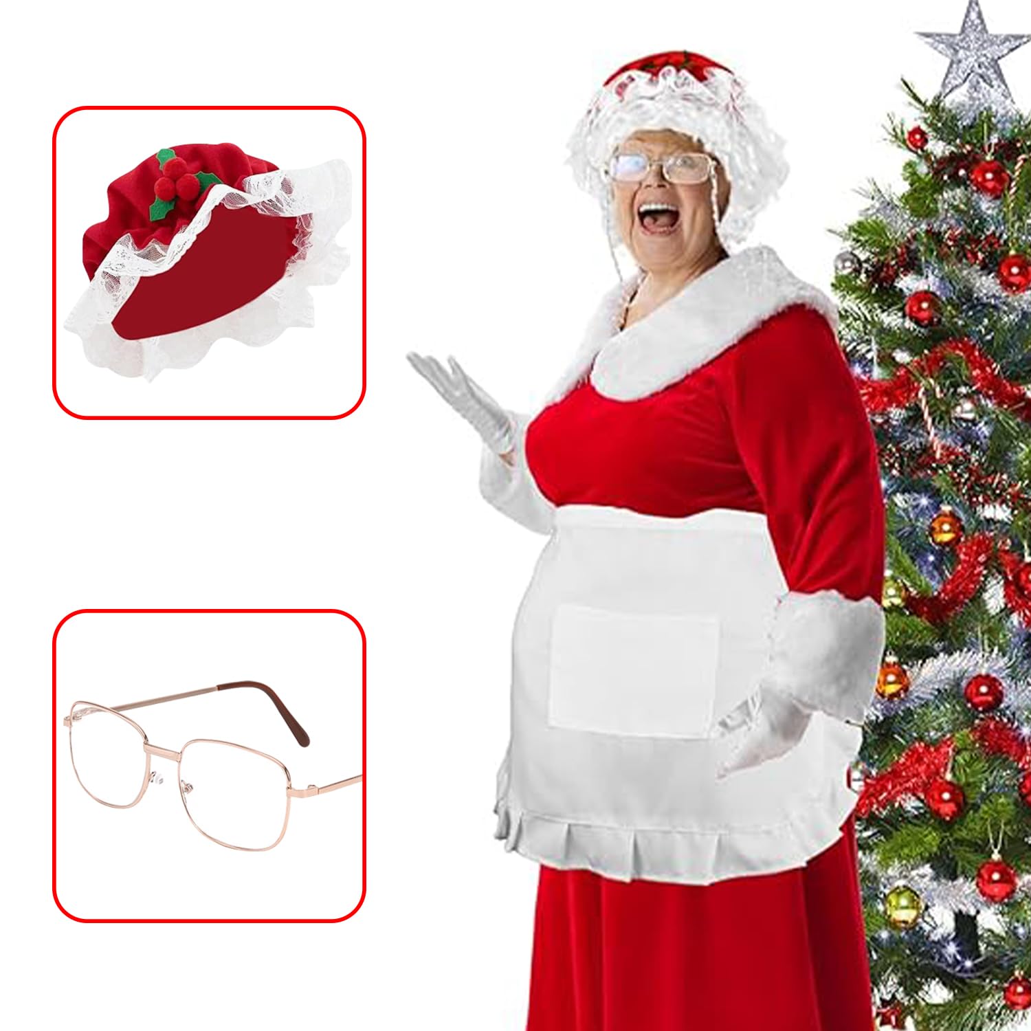 BORFUE 3pcs Christmas Mrs Claus Costume Set Old Lady Hat Grandma Glasses White Apron for Xmas Party Dress Up Accessories - Image 4