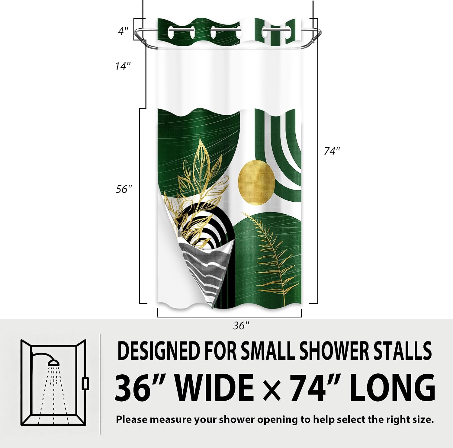 Olive Green Hookless Shower Curtain with Liner, 36x74 in, Narrow Stall image 2