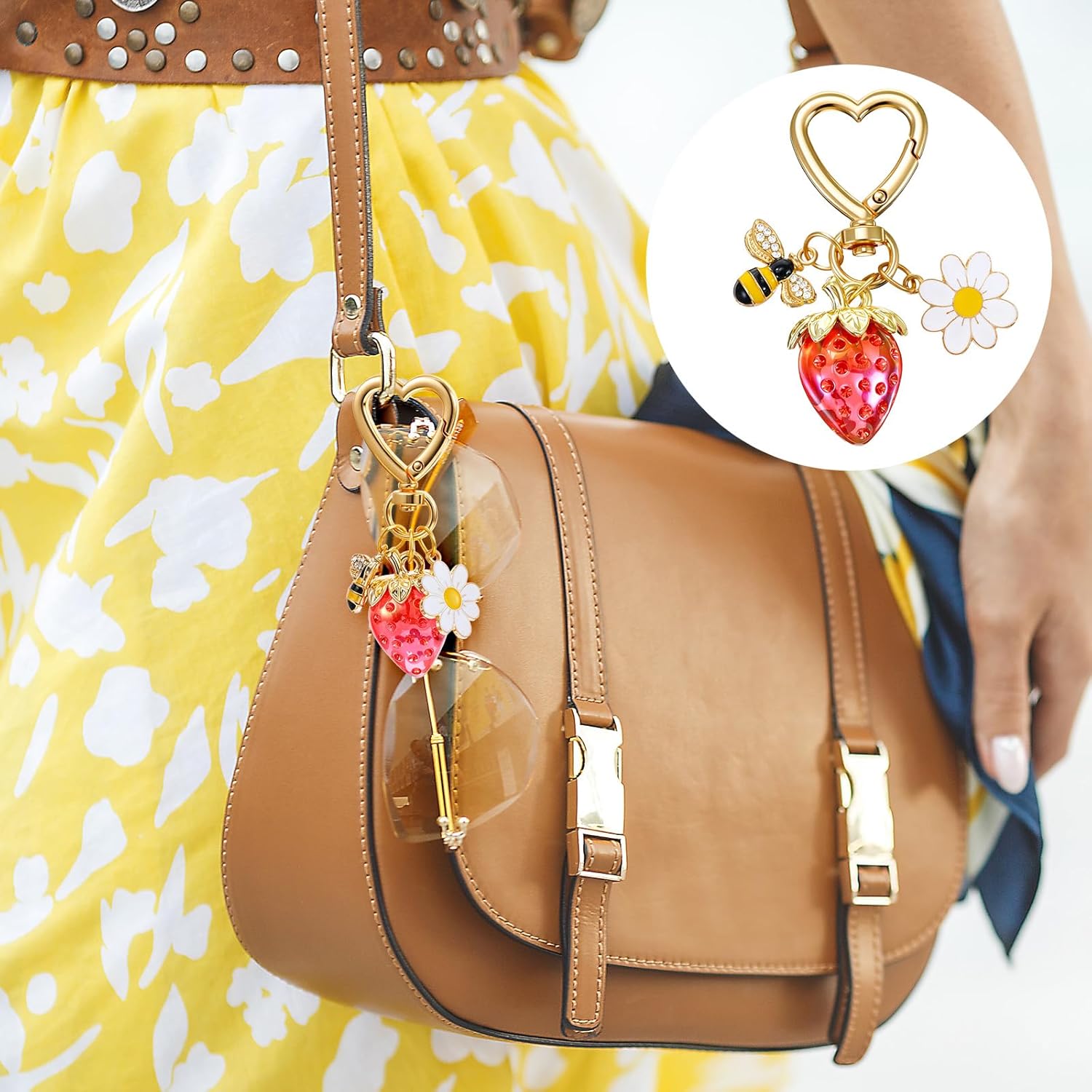 2PCS Cute Strawberry Keychain Bag Charms Purse Key Chains Accessories Charm for Women Kawaii Heart Flower Daisy Key Chains Decor for Girls Purse Gift - Image 5