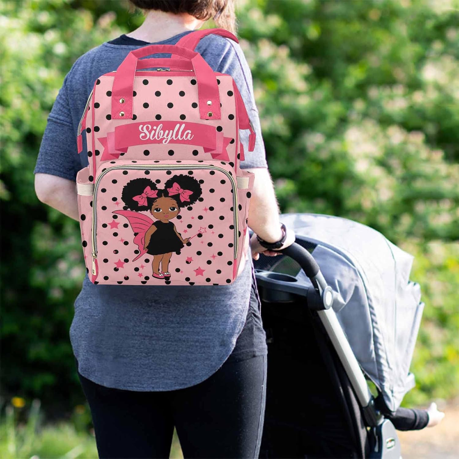 M YESCUSTOM Personalized Pink Baby Diaper Bag, Customized Name Black Dots On Pink Mommy Nursing Backpack Multifunction Travel Daypack for Mother's Day Birthday Gift