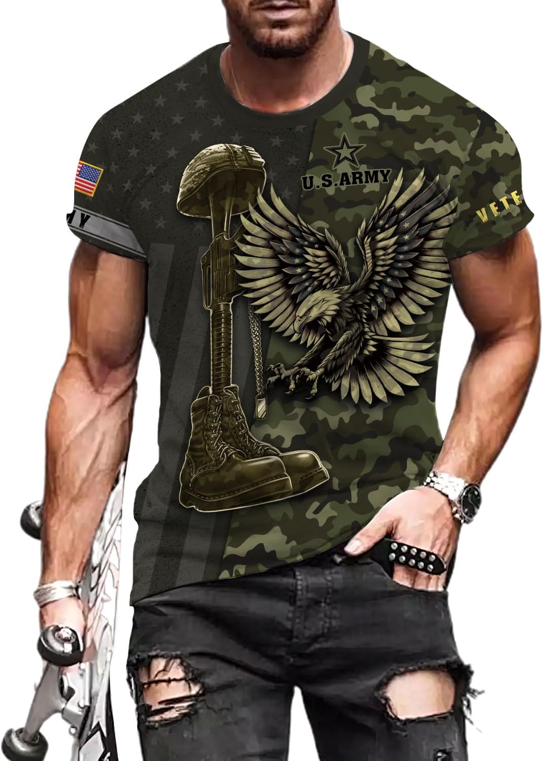 Veteran Army T-Shirt US Military Pride American Flag Vintage Jersey, Army Shirts for Men Memorial Day Idea