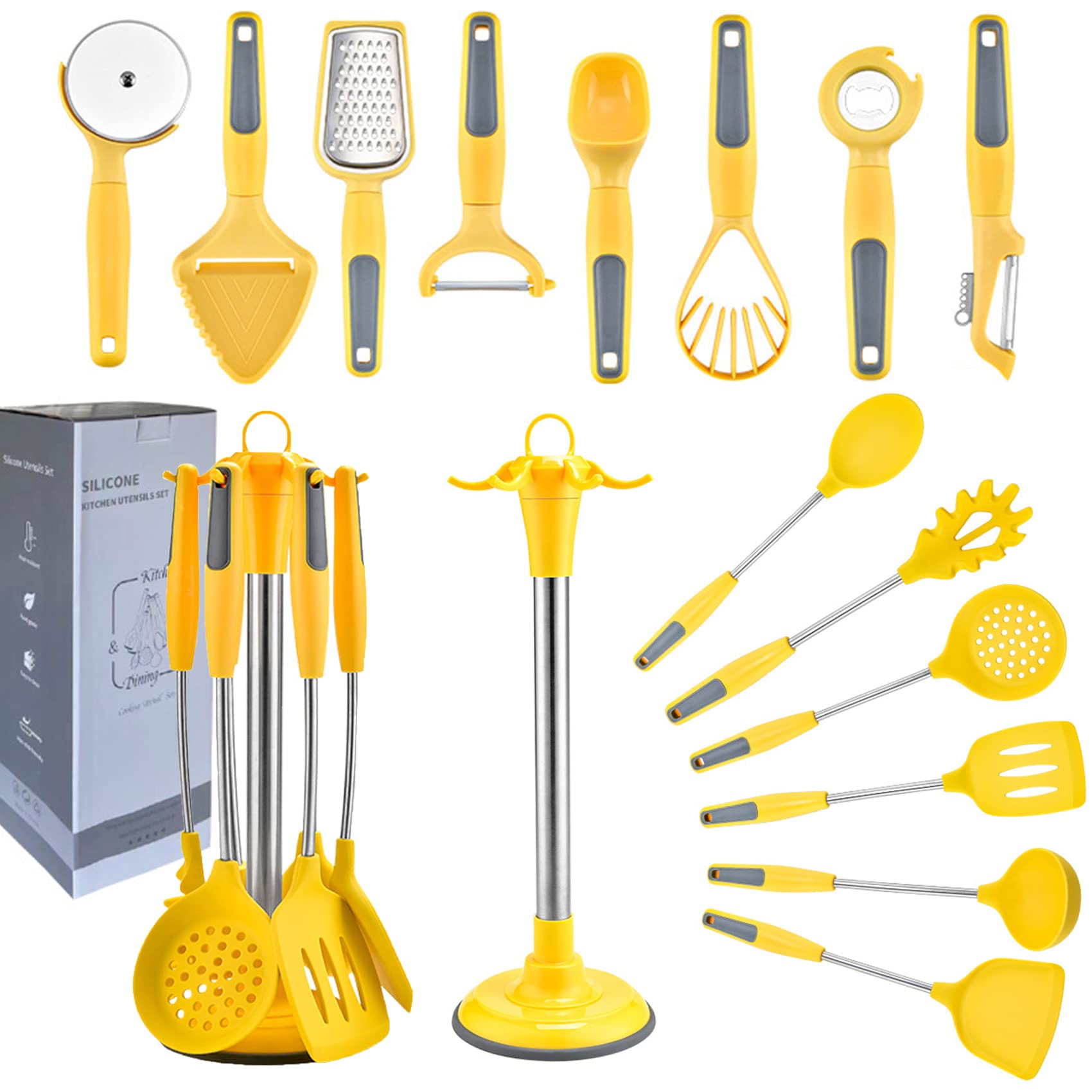 Saiduoduo Yellow 15 Pcs Silicone Cooking Utensils Set, Kitchen Gadgets Tools Set, 446°F Heat Resistant Non-Stick, Best Kitchen Cookware Set Dishwasher Safe, Silicone Utensil Set With Holder,