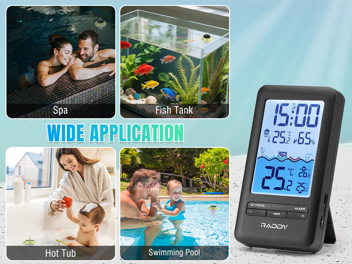 Collage showing the Raddy PT-5 in various applications: spa, fish tank, hot tub, and swimming pool.