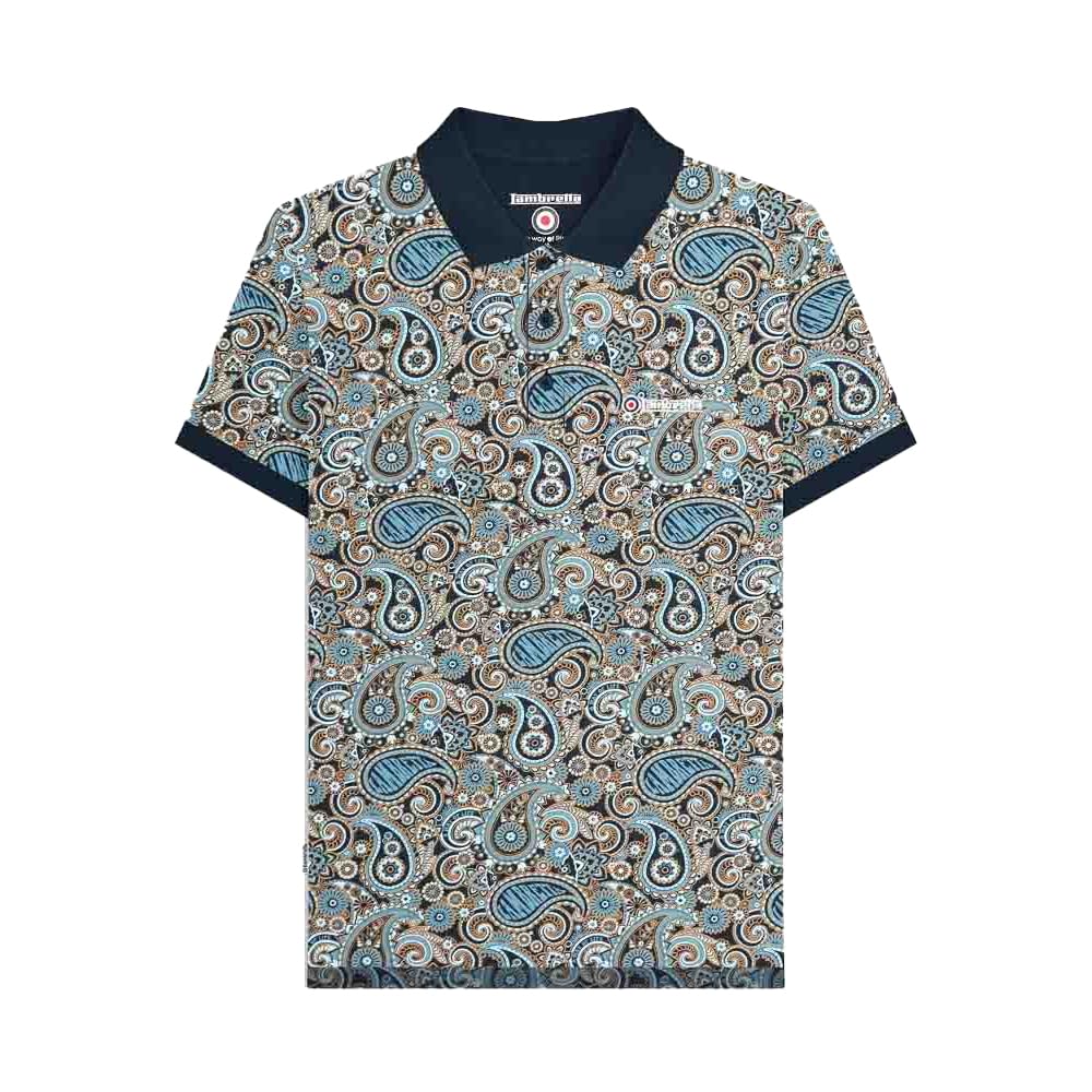 Lambretta Mens Brand Paisley Short Sleeve Polo Shirt (UK, Alpha, 4XL, Regular, Regular, Navy/Smoke Blue)