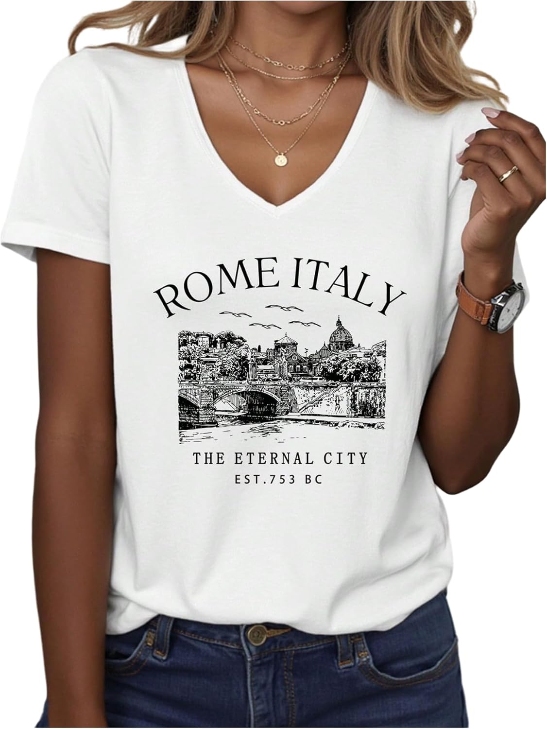 SweatyRocks Women's Vintage Letter Print Graphic Tees V Neck Short Sleeve Summer Casual T Shirts