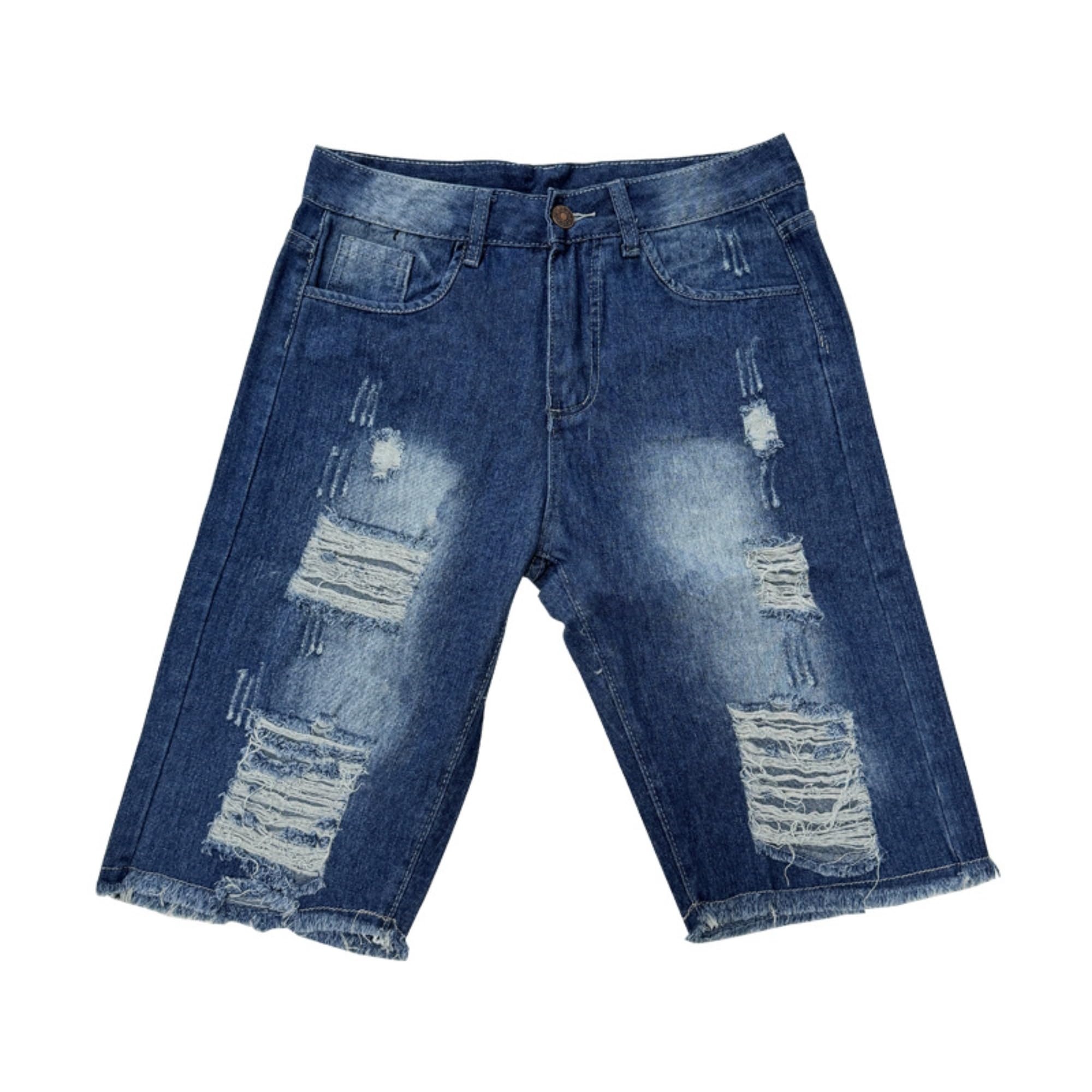 Men's Street Style Jean Shorts Fashion Ripped Knee Lenght Half Jeans Distressed Classic Fit Frayed Short Jean Pants