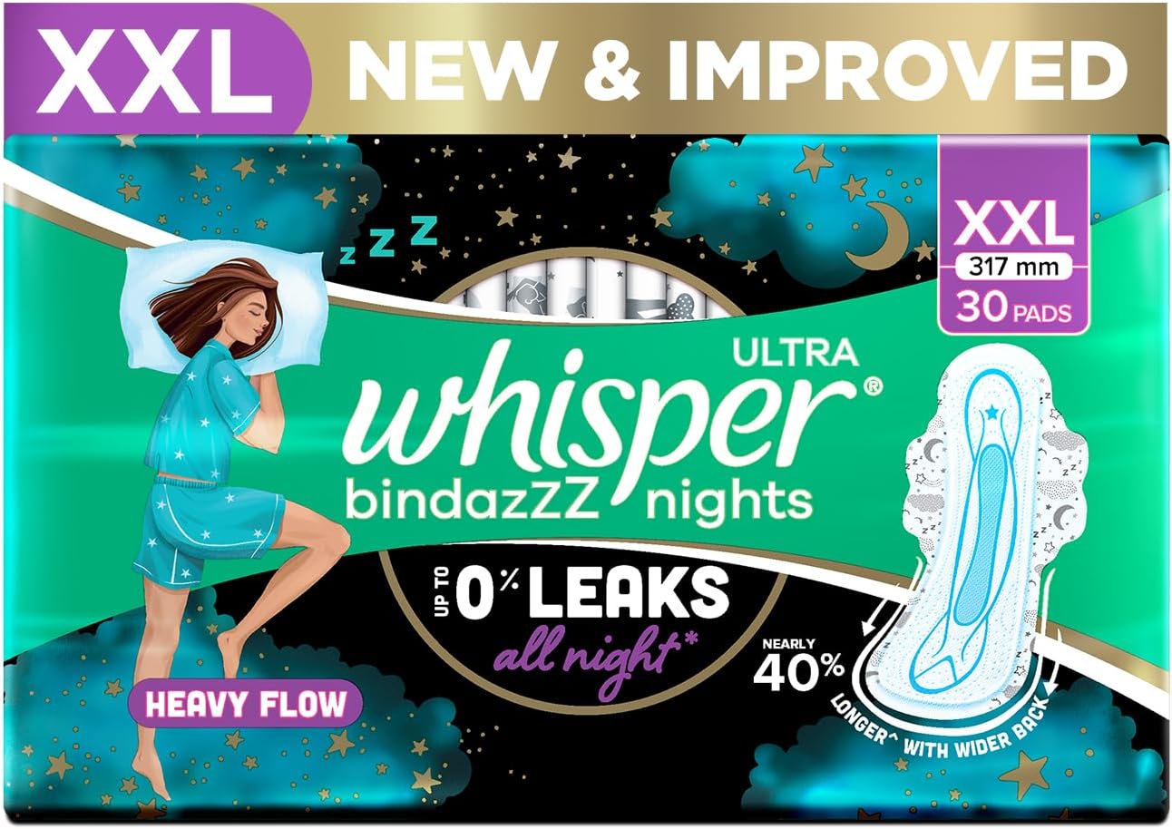 Whisper Bindazzz Nights 30 XXL Sanitary Pads, Upto 0% Leaks All Night Long, For Heavy Flow, Nearly 40% Longer with Wider Back, Active odor lock so you feel fresh, Disposable Wrapper