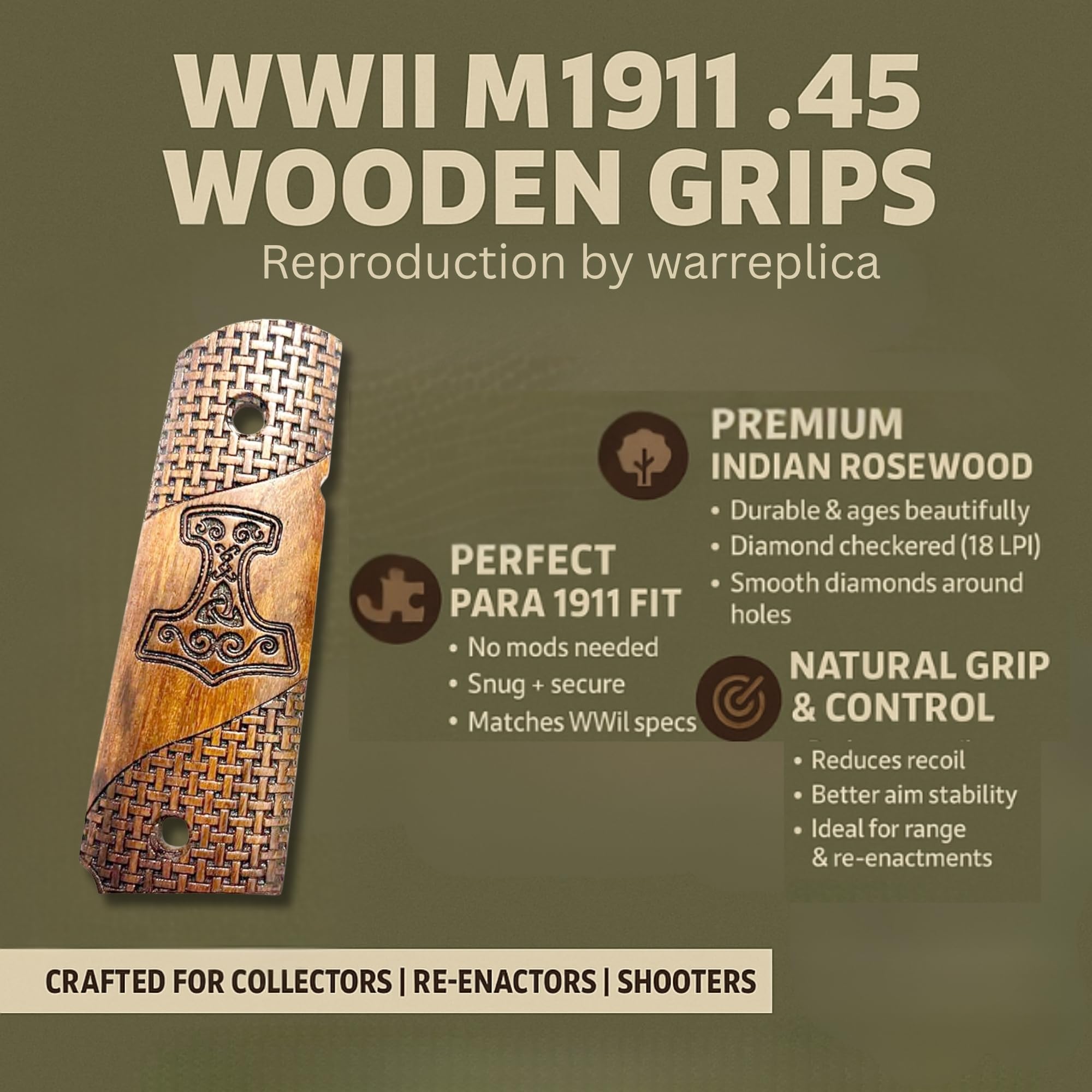 WWII US M1911/1911 .45 Holzgriffe – Reproduktion (Thors Hammer (Stil 2))