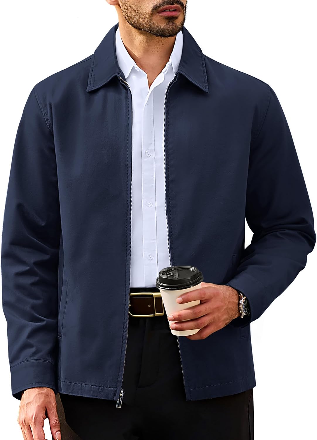 TACVASEN Men's Cotton Jacket Full Zip Up Work Jackets Turndown Collar Business Casual Windbreaker with 3 Pockets