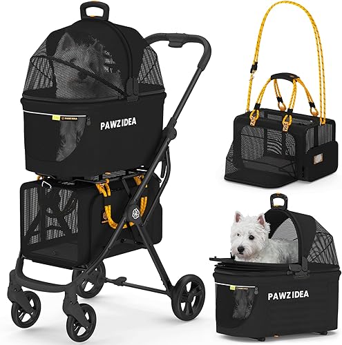 PAWZIDEA Cochecito doble para mascotas con 2 transportadores desmontables, jaula portátil para perros para viajes en automóvil y transportador