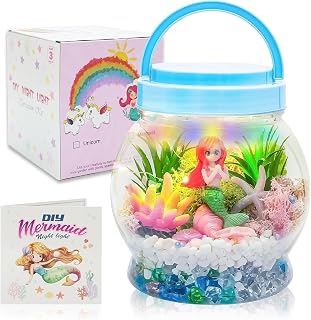 Kazaigou Light-Up Mermaid Terrarium Kit for Girls, DIY Mermaid Arts & Crafts Toy Birthday Gifts for Kids, Make Your Own Mermaid Night Light, Mermaid Gifts for Girls Age 4 5 6 7 8-12 Year Old