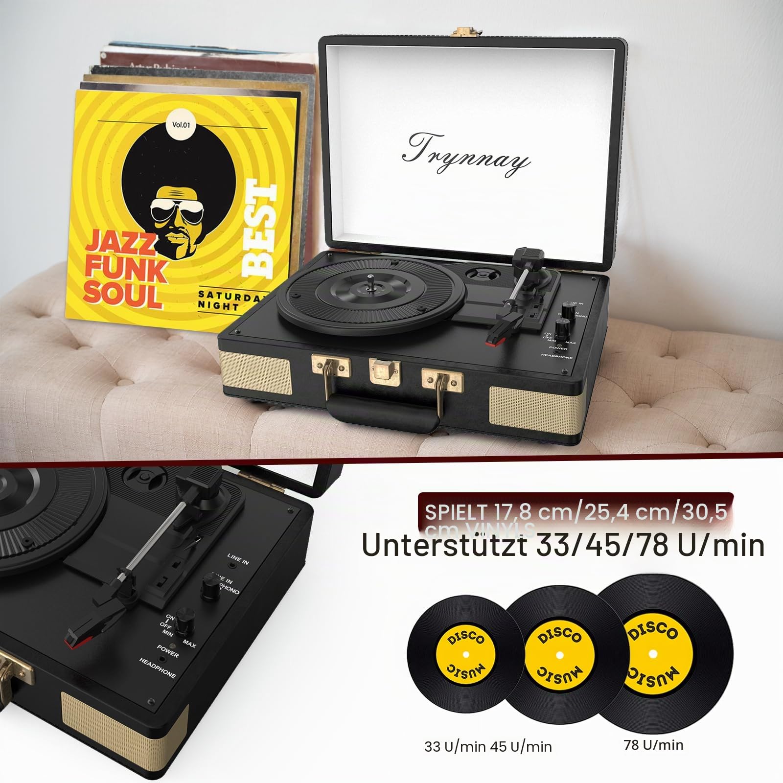 Trynnay Plattenspieler 3 Geschwindigkeiten Bluetooth Tragbarer Koffer Vinyl-Player mit eingebauten Lautsprechern Plattenspieler Verbesserter Audio-Sound PU-Leder Vintage Schwarz