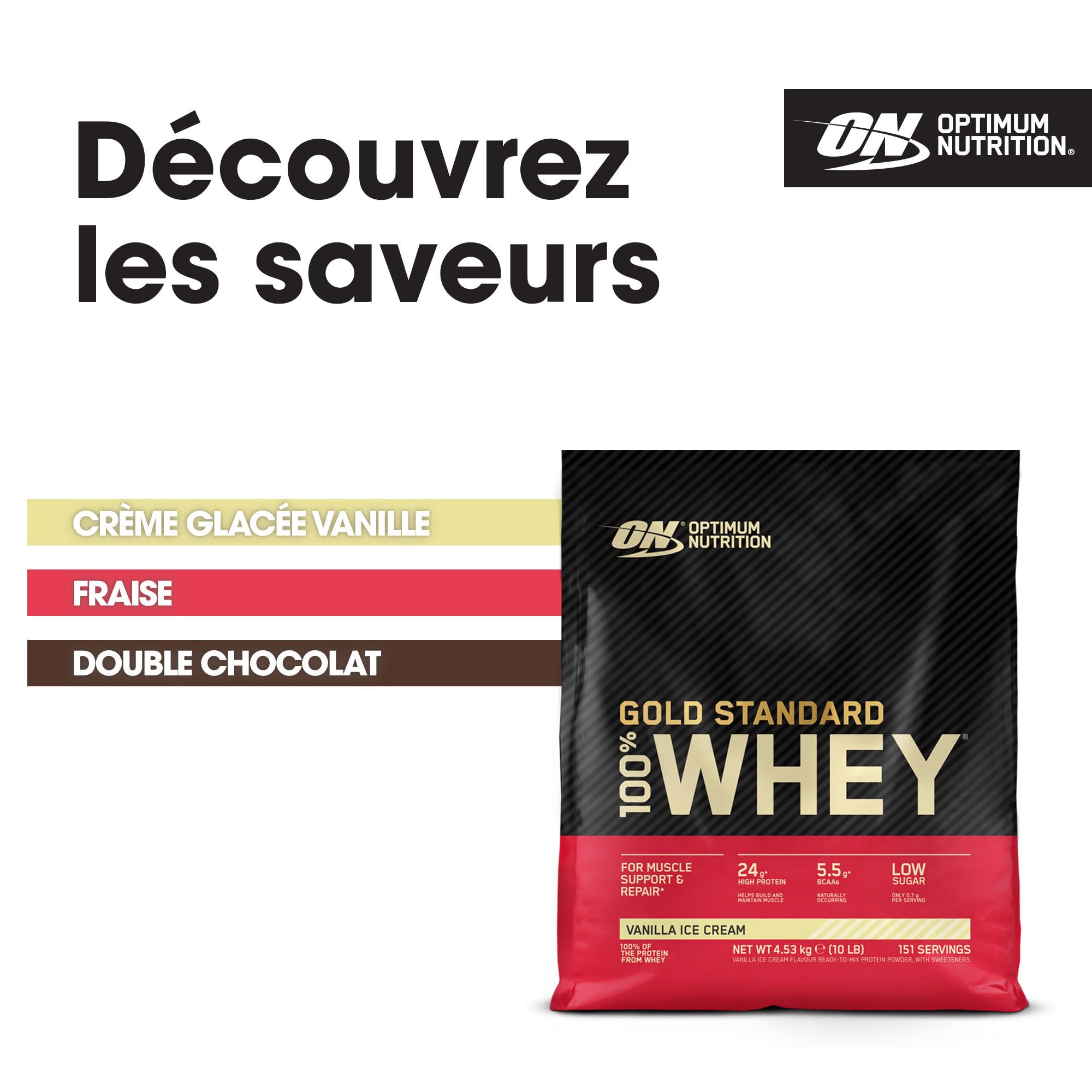 Optimum Nutrition Gold Standard 100% Whey, Protéine en Poudre, Goût Glace à la Vanille, 4.53kg, 151 Doses