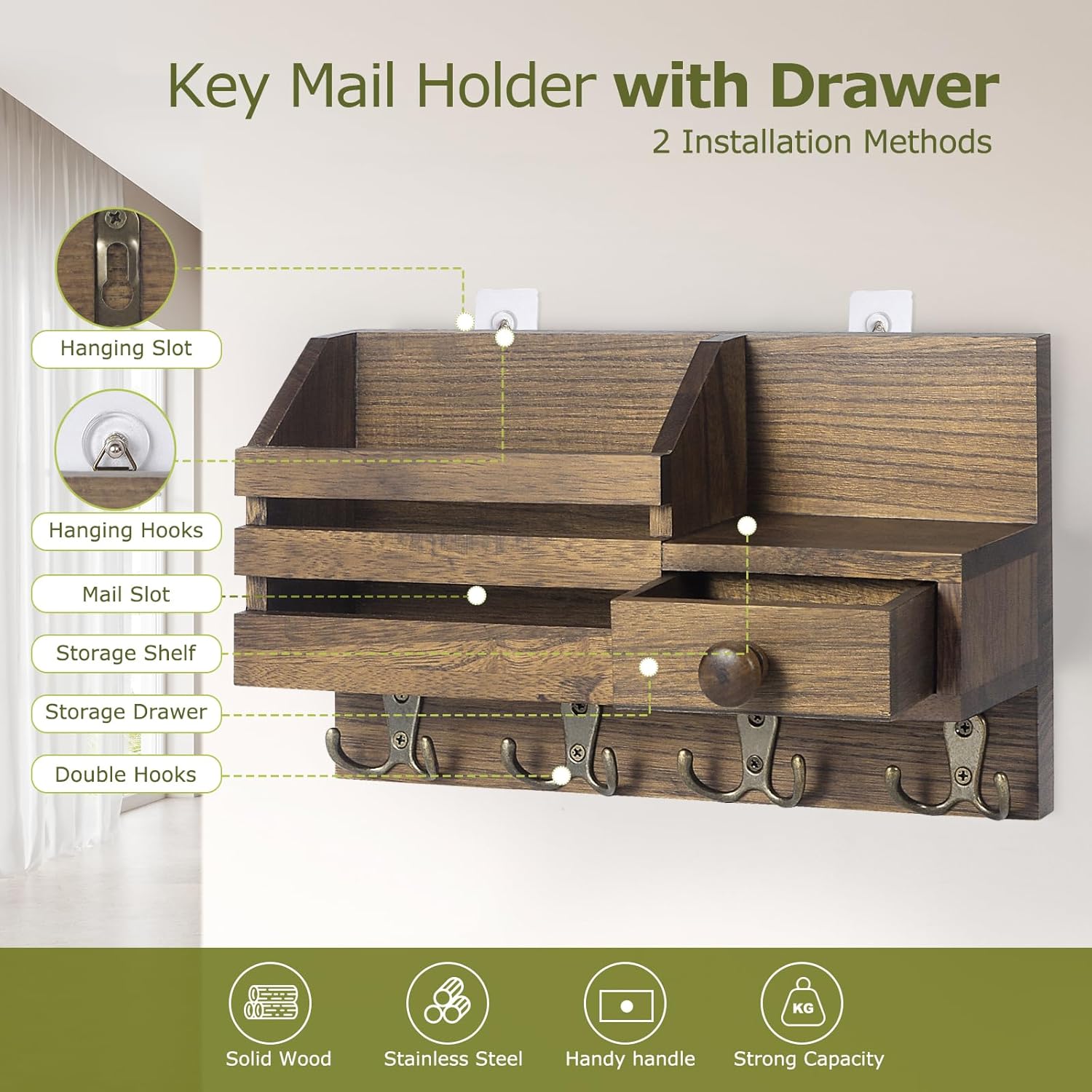 Key Holder Wall Mount, Wooden Adhesive Mail and Key Organizer with Drawer, Small Shelf, 8 Hooks, 2 Installation Methods, Brown