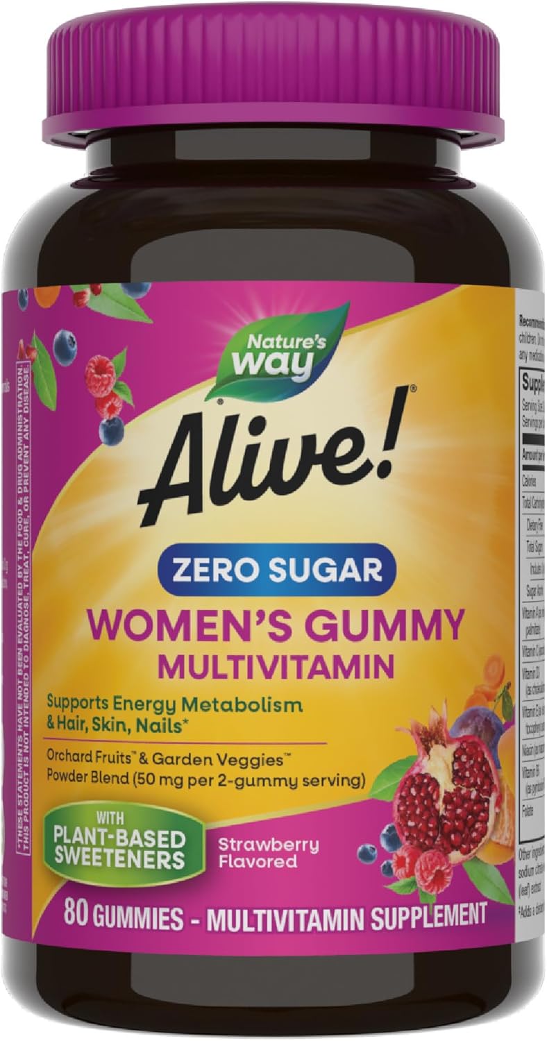 Nature’s Way Alive! Zero Sugar Women’s Gummy Multivitamins, Energy Metabolism*, Hair, Skin, Nails*, B-Vitamins, No Sugar Alcohols, Plant-Based Sweeteners, Strawberry Flavored, 80 Gummies