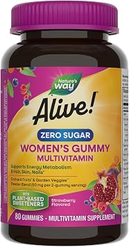Natures Way Alive! Zero Sugar Womens Gummy Multivitamins, 80 ct | Energy Metabolism*, Hair, Skin, Nails*, B-Vitamins, No Sugar Alcohols, Plant-Based Sweeteners, Strawberry Flavored Gummies