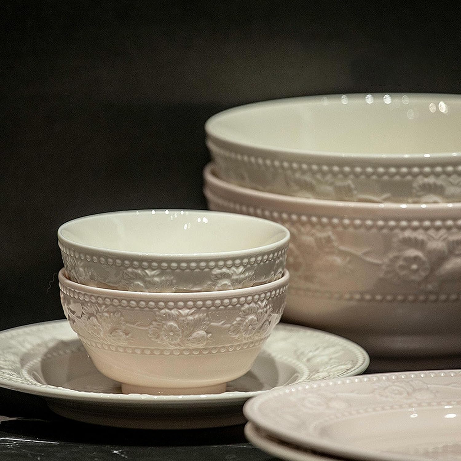 Vintage Rice Bowls ，Ceramic Tableware Rice BowlVintage rice bowls and dishes, household ceramic bowls and plates(8 Inch Shallow Plate (Cream Color))
