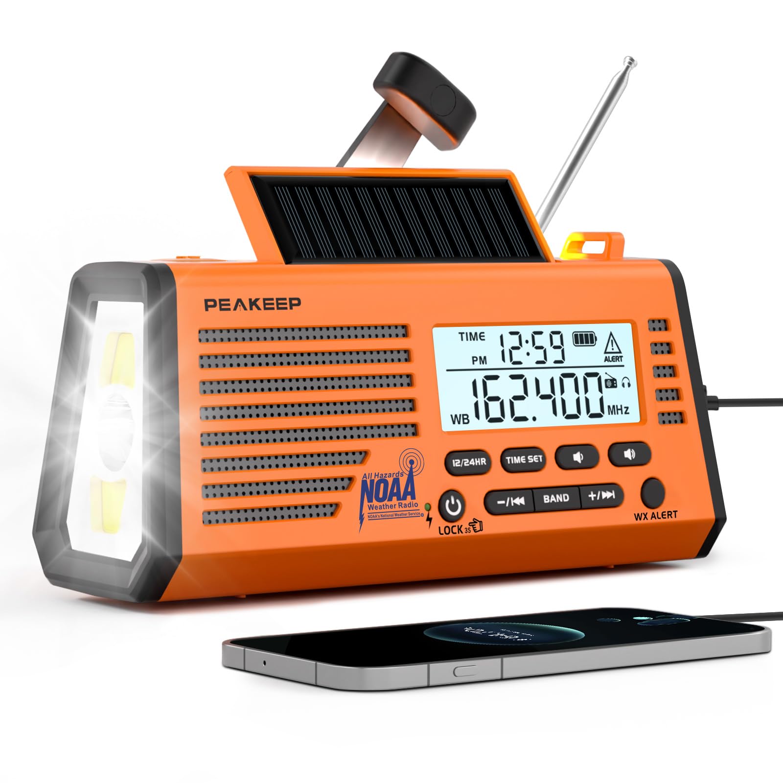 Peakeep NOAA Radio météo d'urgence à manivelle à énergie solaire – Batterie rechargeable de 18500 mWh, radio AM/FM/SW, lampe de poche SOS sirène pour la maison, la voiture, le camping, les tempêtes