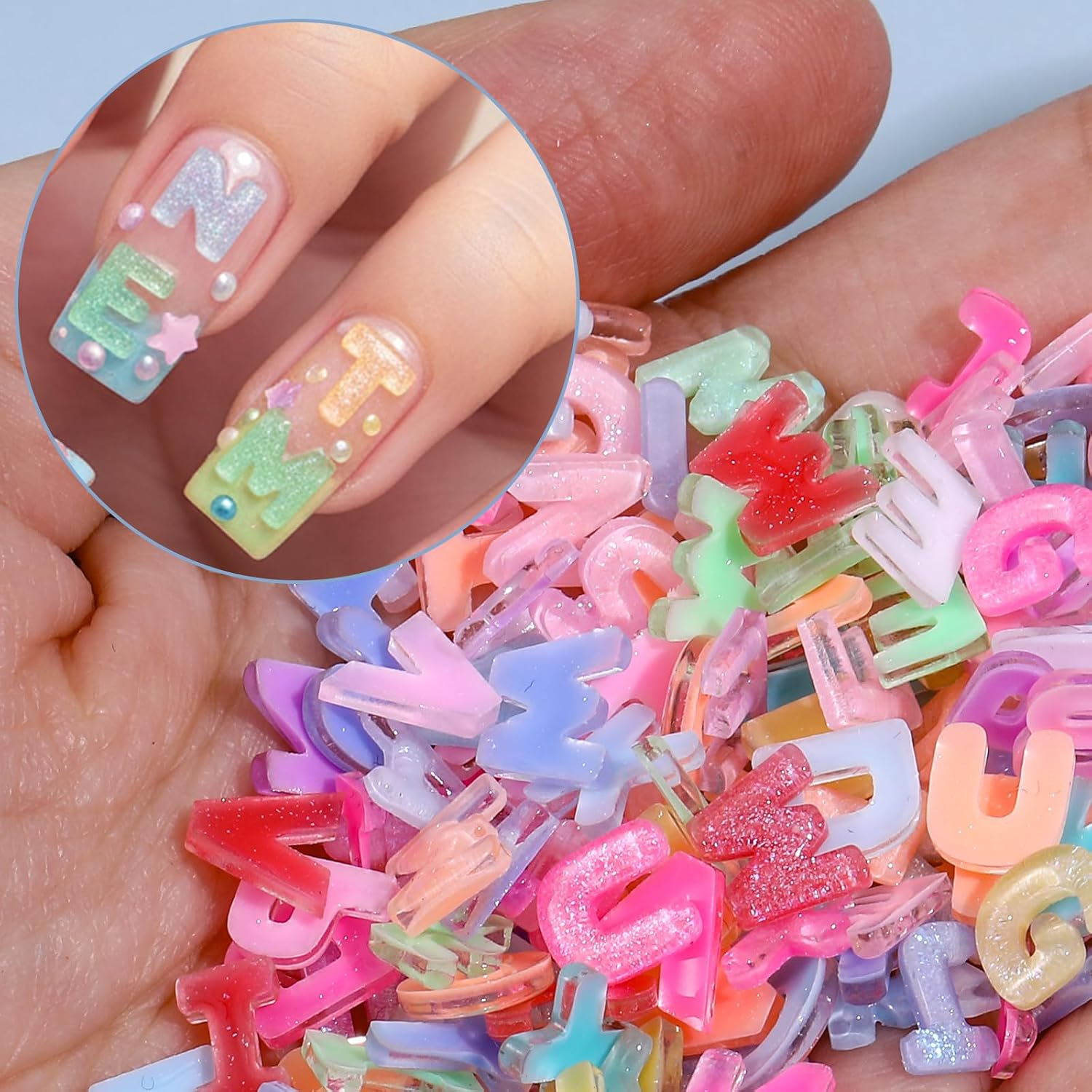 200PCS Letter Nail Art Charms, Candy Color Resin Alphabet Rhinestones Cute Summer Flatback Alphabet Nailfor DIY Craft Nail Supplies, Glitter Design Nail Accessories