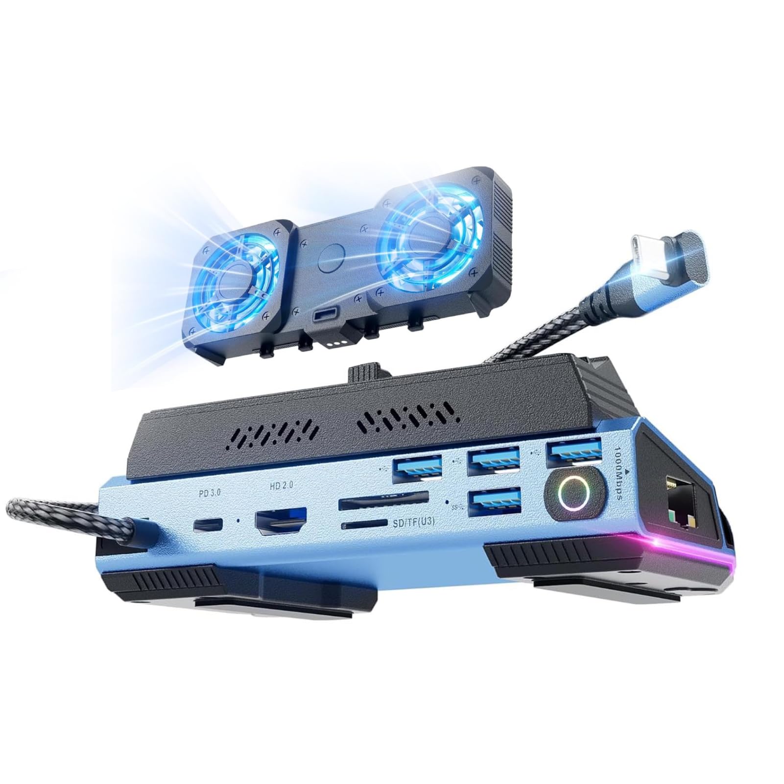 9 en 1 Estación de Acoplamiento para la Cubierta de Vapor, Rog Ally X, Legion Go, HDMI 4K@60Hz, 1 Gbps Ethernet, 4 Puertos USB. Cargo por PD de 100W, con Ventilador