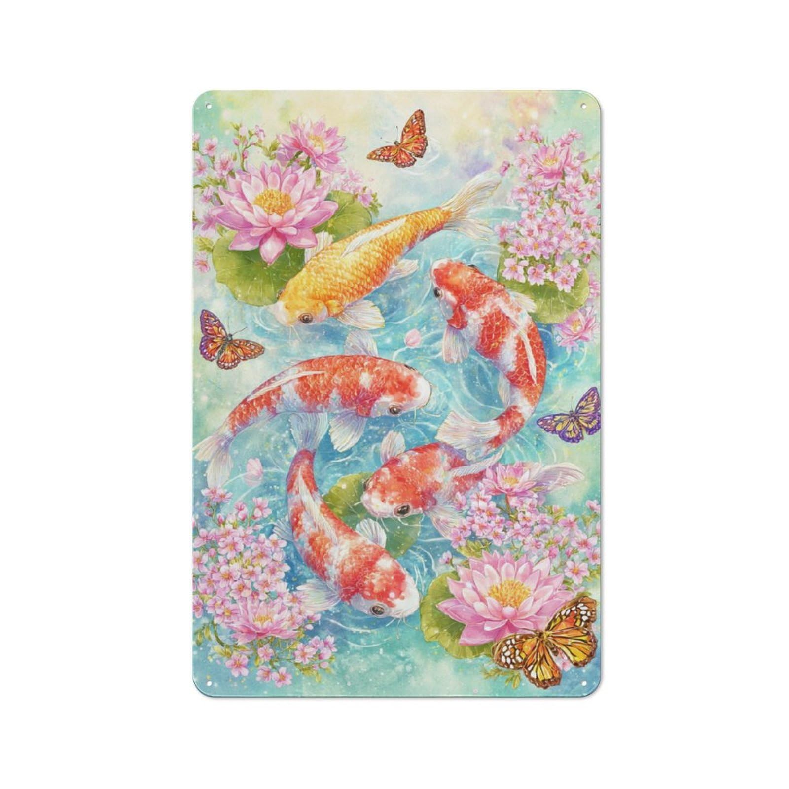 Junmoney Koi And Lotus Beauty Vintage Metal Plaque 30X20cm For Man Cave Or Games Room, For An Autumn Update To Man Cave And Games Room