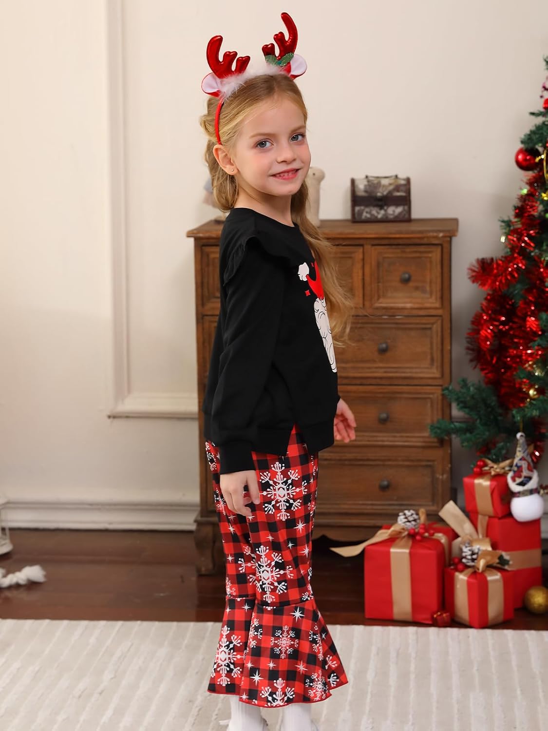 Toddler Girl Christmas 2 Piece Outfit Long Sleeve Ruffle Shirt Santa Red Plaid Flared Pants Set Fall Winter Clothes - Image 7