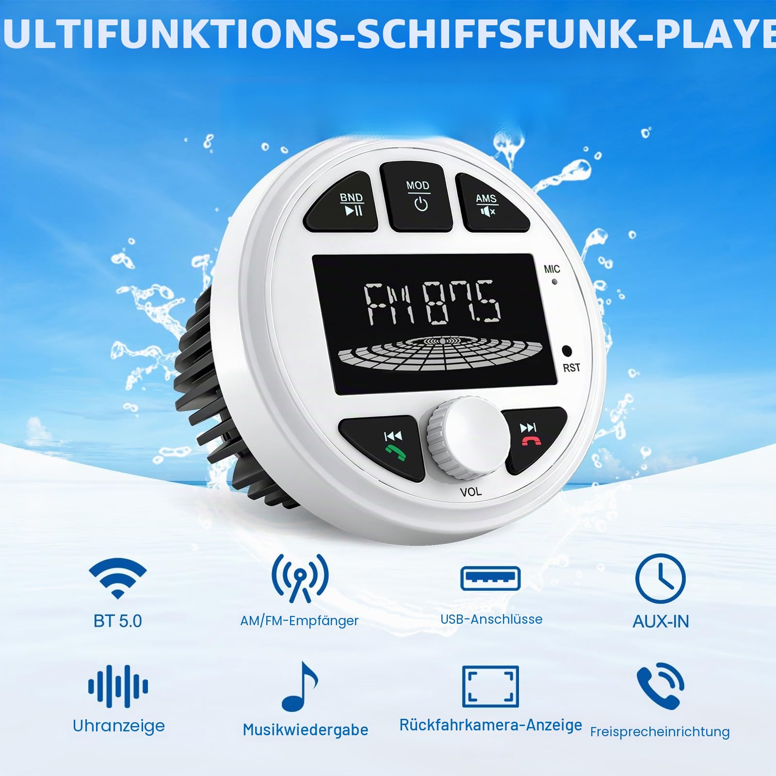 AM/FM Radio Stereo MP3 Player Media Empfänger Wasserdicht für Boote, Yachten Marineboote,3-Zoll-LED-Display,Ansicht der Rückfahrkamera anzeigen