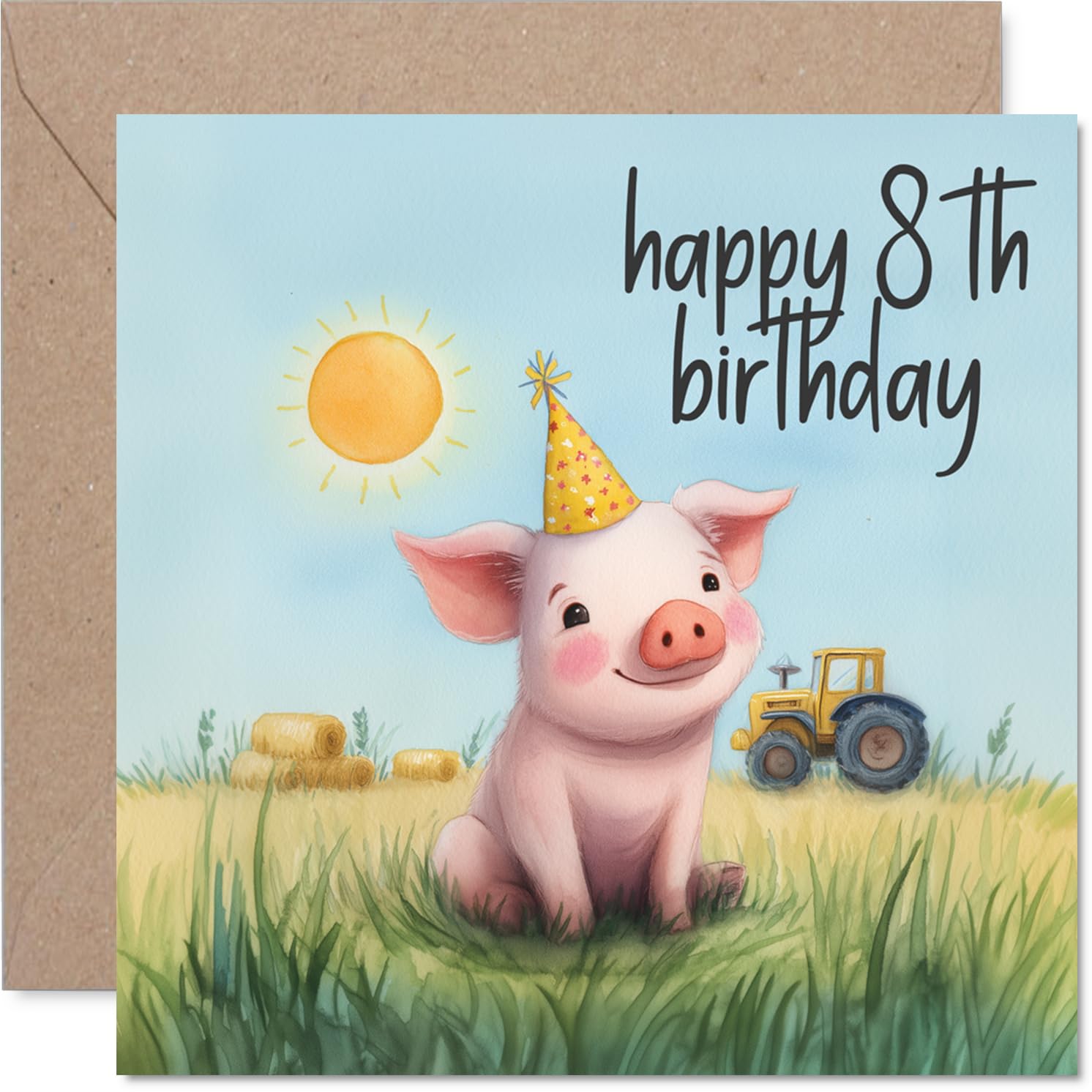 Playful 8th Birthday Card - Oink-tastic Fun for Their Big Day - Cheerful Pig in Party Hat on a Sunny Farm - Ideal for Animal-loving Kids - 145mm Square, Envelope Included