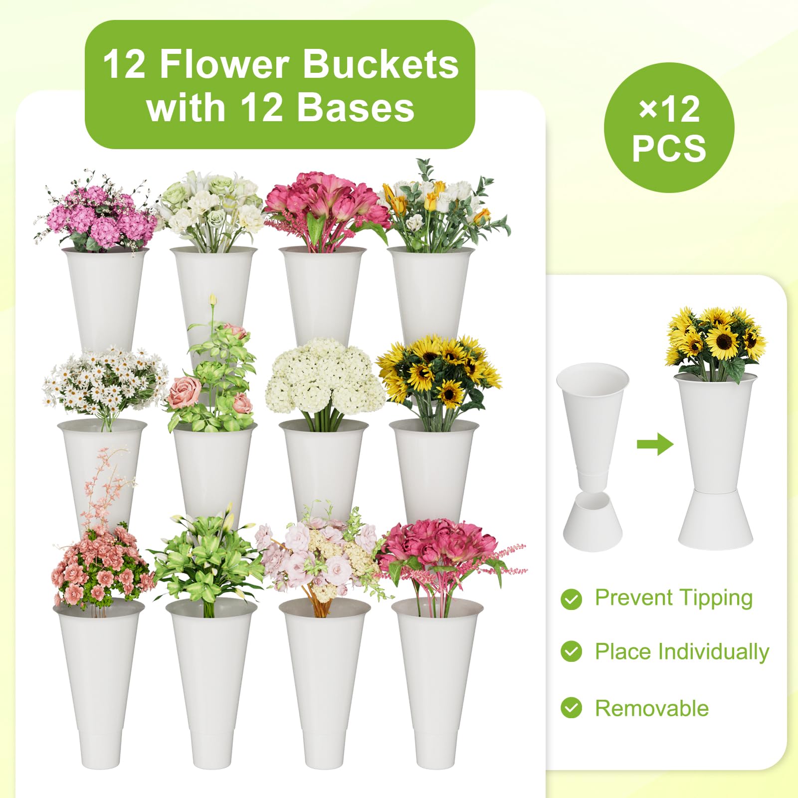 Espositore per fiori a 3 livelli con 12 secchi, doppio cerchio senza agitazione, carrello per fiori da esterno con ruote per casa, patio, giardino, negozio, matrimoni, feste, mostre, interni, bianco