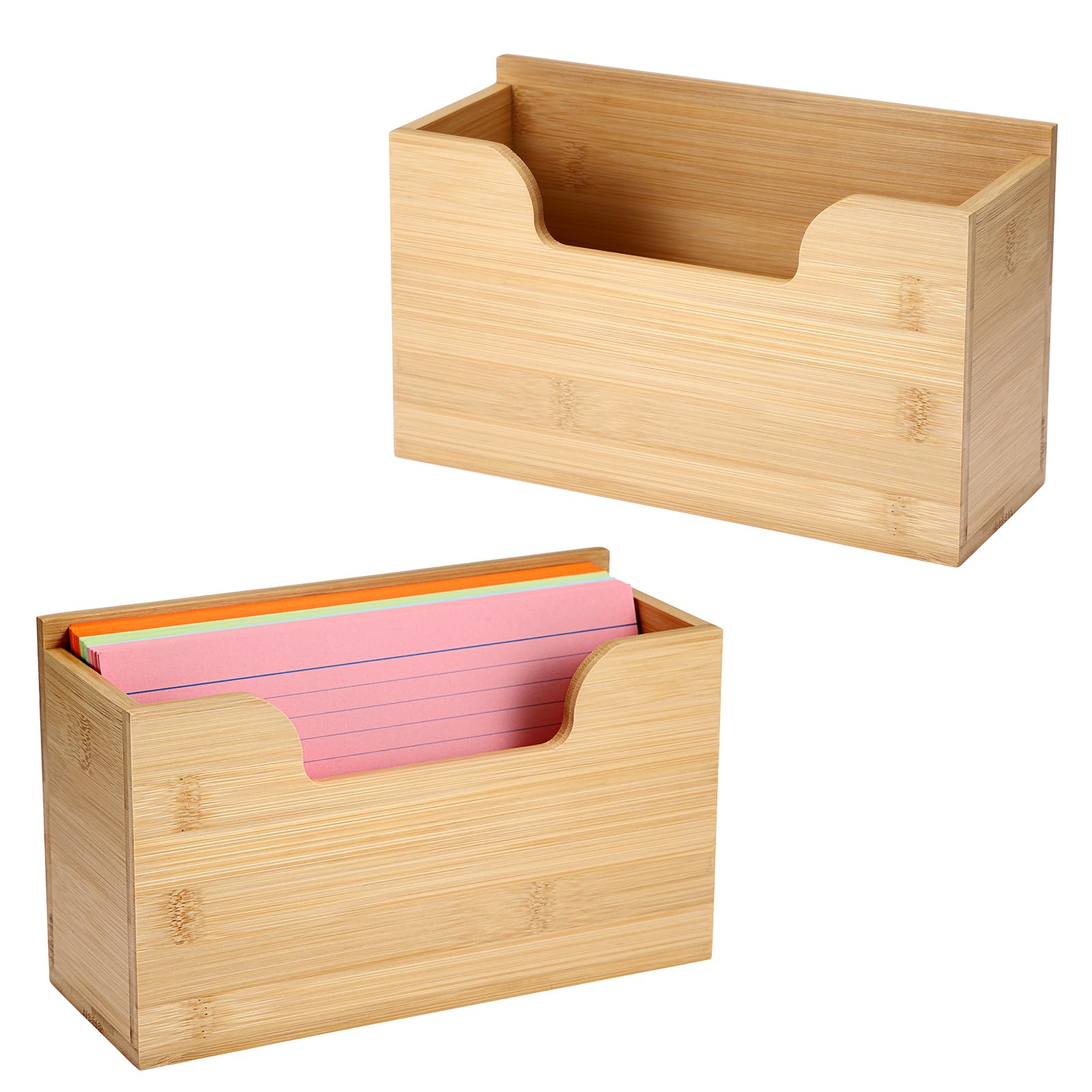 BTSKY 2 PACK Bamboo Index Card Display Stand, 5 x 8 Inch Index Card Storage Rack Rustic Notecard Case, Coupons Greeting Cards Storage - Sturdy Desk Card Organizer Box for Office Home Photos & Receipts