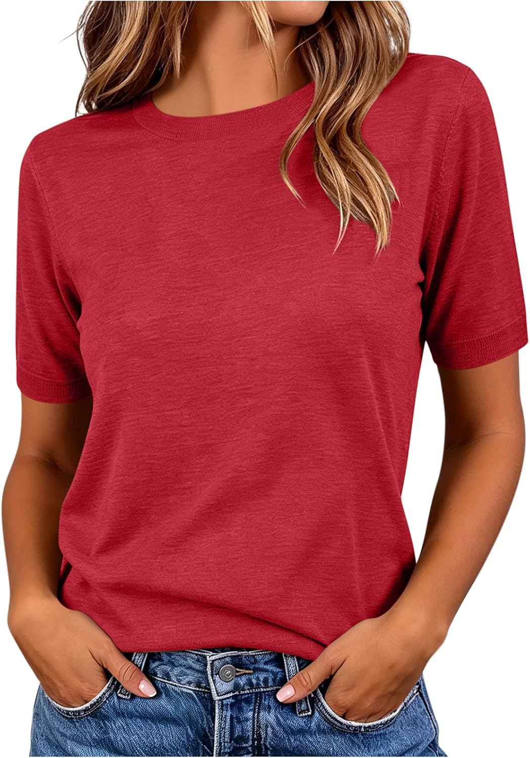 Womens Short Sleeve Sweaters Summer Lightweight Round Neck Pullover Tops Dressy Business Casual Spring Solid Blouse