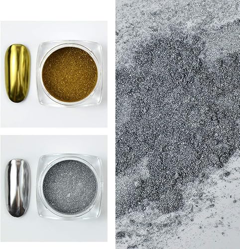 Miniatura 4 de Polvo cromado metálico  2 tarros de uñas espejo efecto purpurina pigmento polvo oro plata para puntas de manicura con aplicadores de esponja