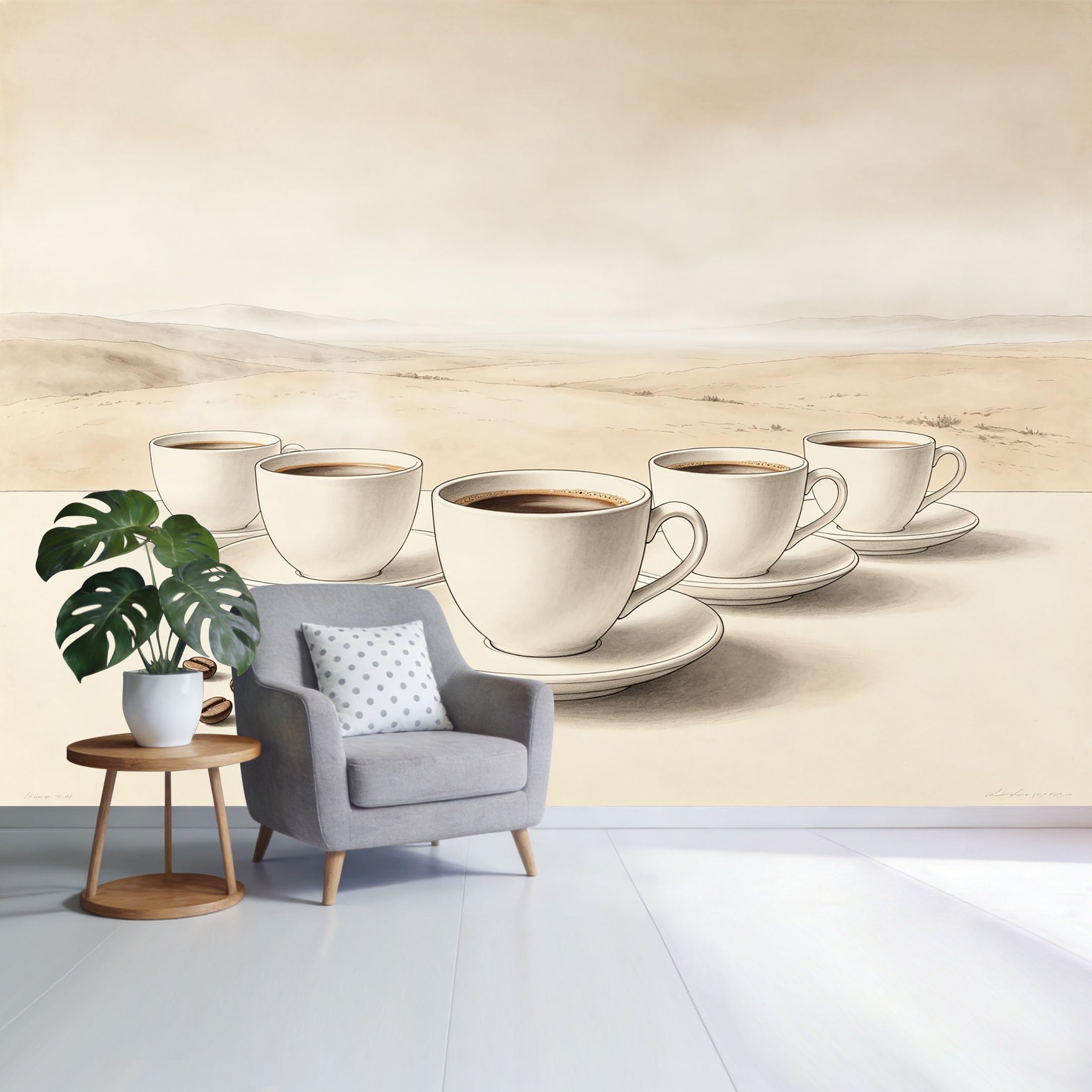 Custom Size Wall Mural Coffee Cups with Beans Minimalist Desert Landscape Watercolor Style SelfAdhesive Wall Fabric Removable Wallpaper for Home Office Decor