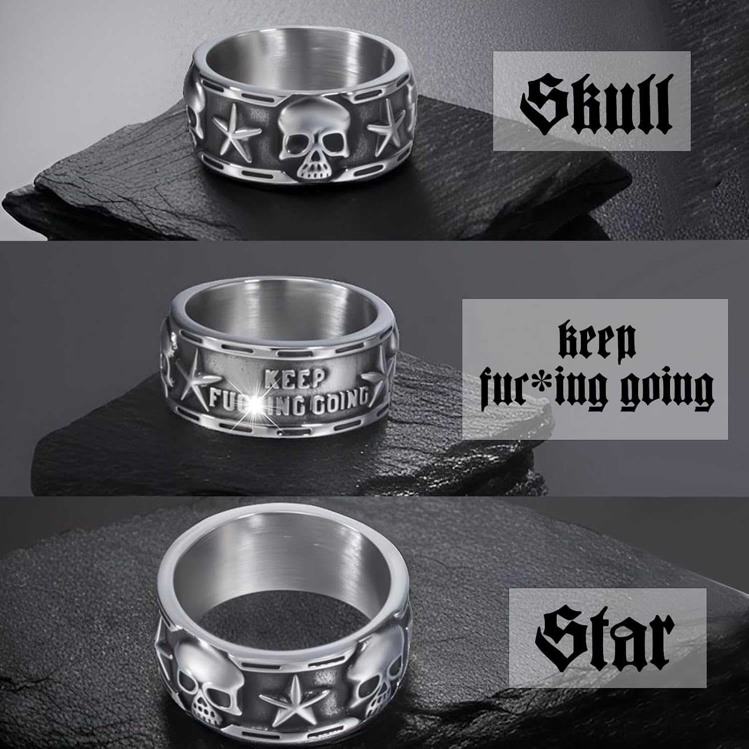 Keep Going Ring Gothic Star Skull Rings for Men Women Band Stainless Steel Silver Pentacle Skeleton Cocktail Party Biker Ring Size 8-13 - Image 2
