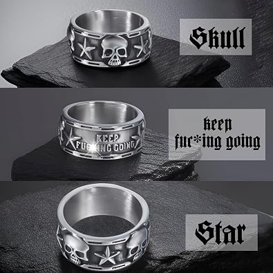Keep Going Ring Gothic Star Skull Rings for Men Women Band Stainless Steel Silver Pentacle Skeleton Cocktail Party Biker Ring Size 8-13