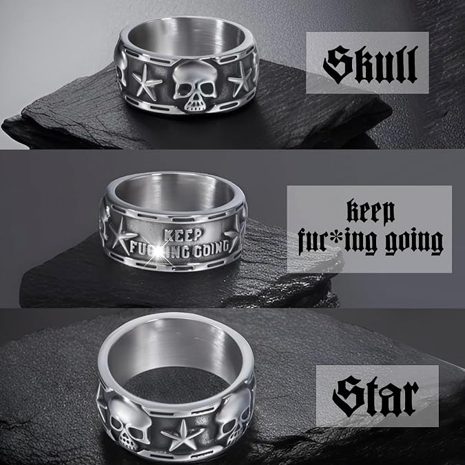 Keep Going Ring Gothic Star Skull Rings for Men Women Band Stainless Steel Silver Pentacle Skeleton Cocktail Party Biker Ring Size 8-13