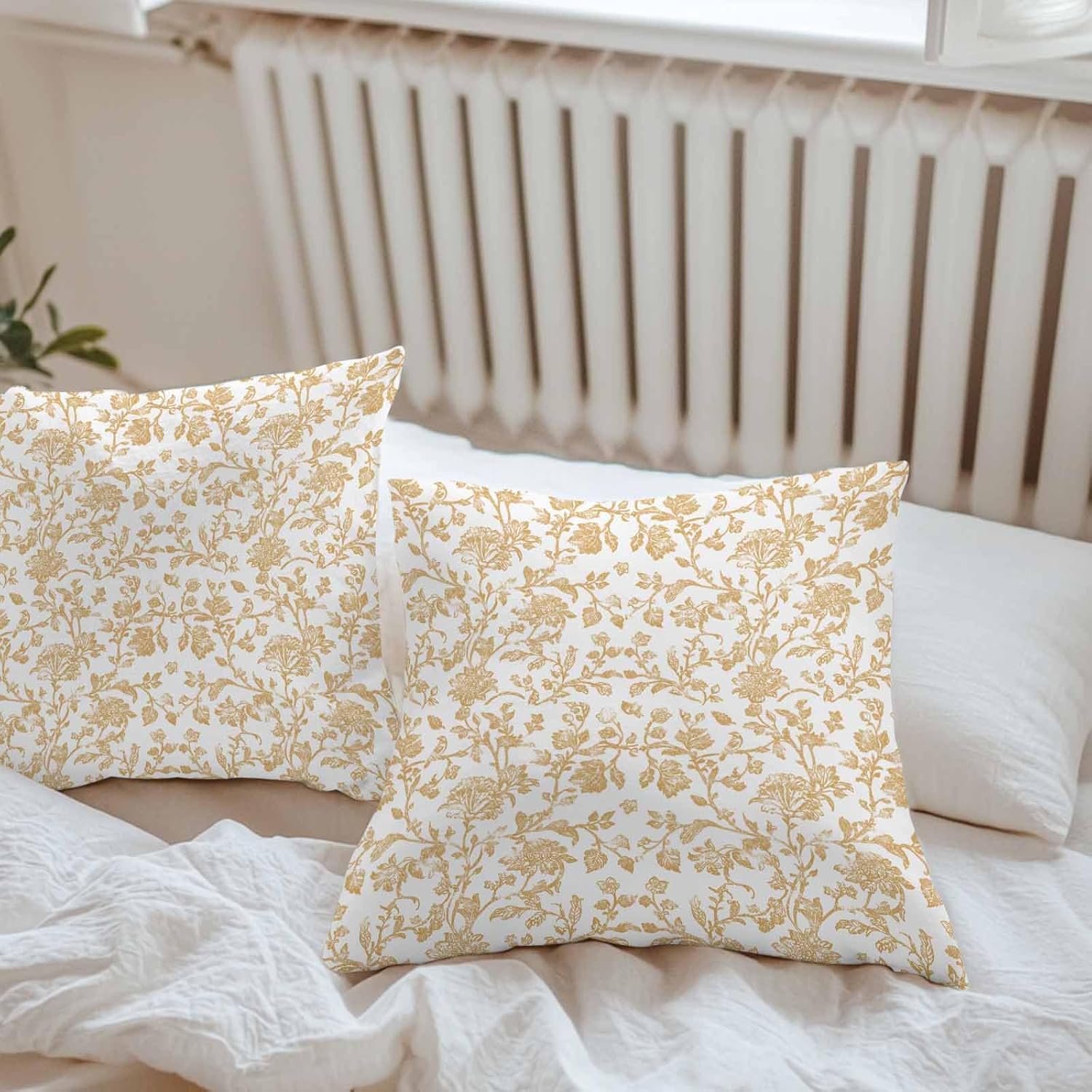 Orange Flower Outdoor Waterproof Pillow Covers, Vintage Farmhouse Boho Leaf Spring Plant Decorative Square Throw Pillowcase Sofa Cushion Sham for Patio/Couch/Chair, 26"x26" 2 Pack