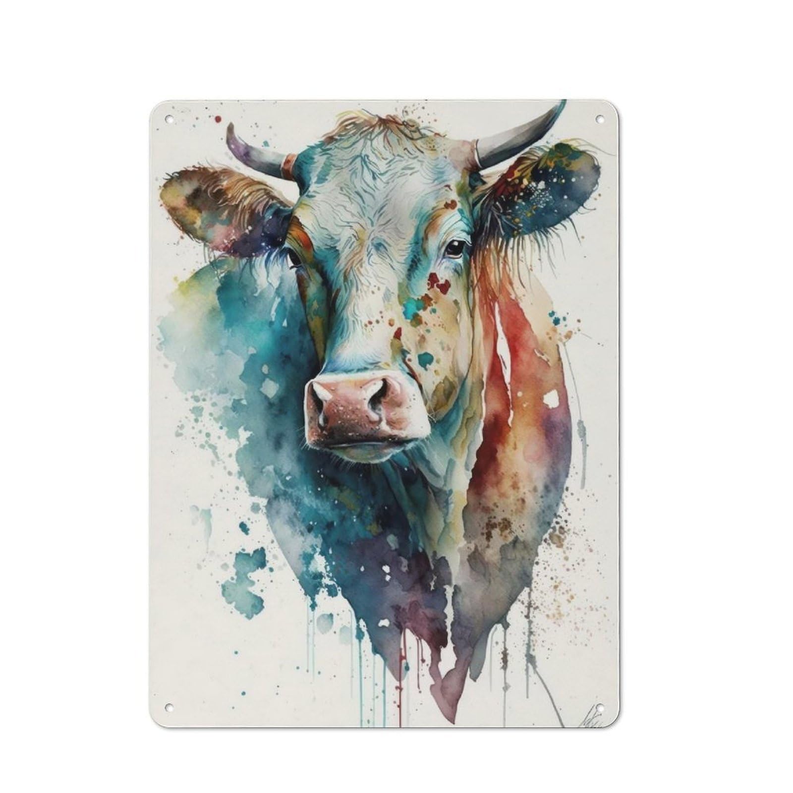 Junmoney Gentle Cow In Watercolor Retro Metal Sign With Design 40X30cm, Nostalgic Vintage Wall Decor For Kitchen, Hallway, Bar Or Small Cafe
