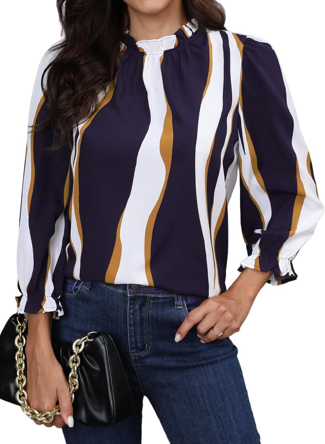Avanova Women Polka Dot Long Sleeve Blouse Shirts Work Mock Neck Ruffle Top