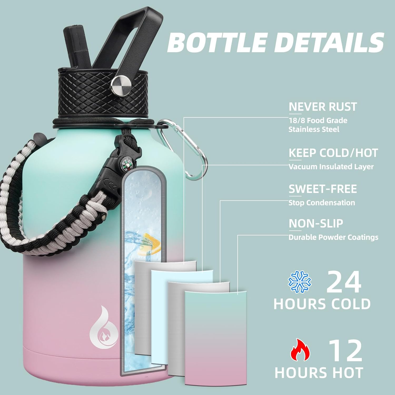 BJPKPK Insulated Water Bottles with Straw Lid, 50oz Large Water Bottle with 3 Lids and Paracord Strap, Stainless Steel Metal Water Bottle, Insulated Water Jug,Marshmallow - Image 2