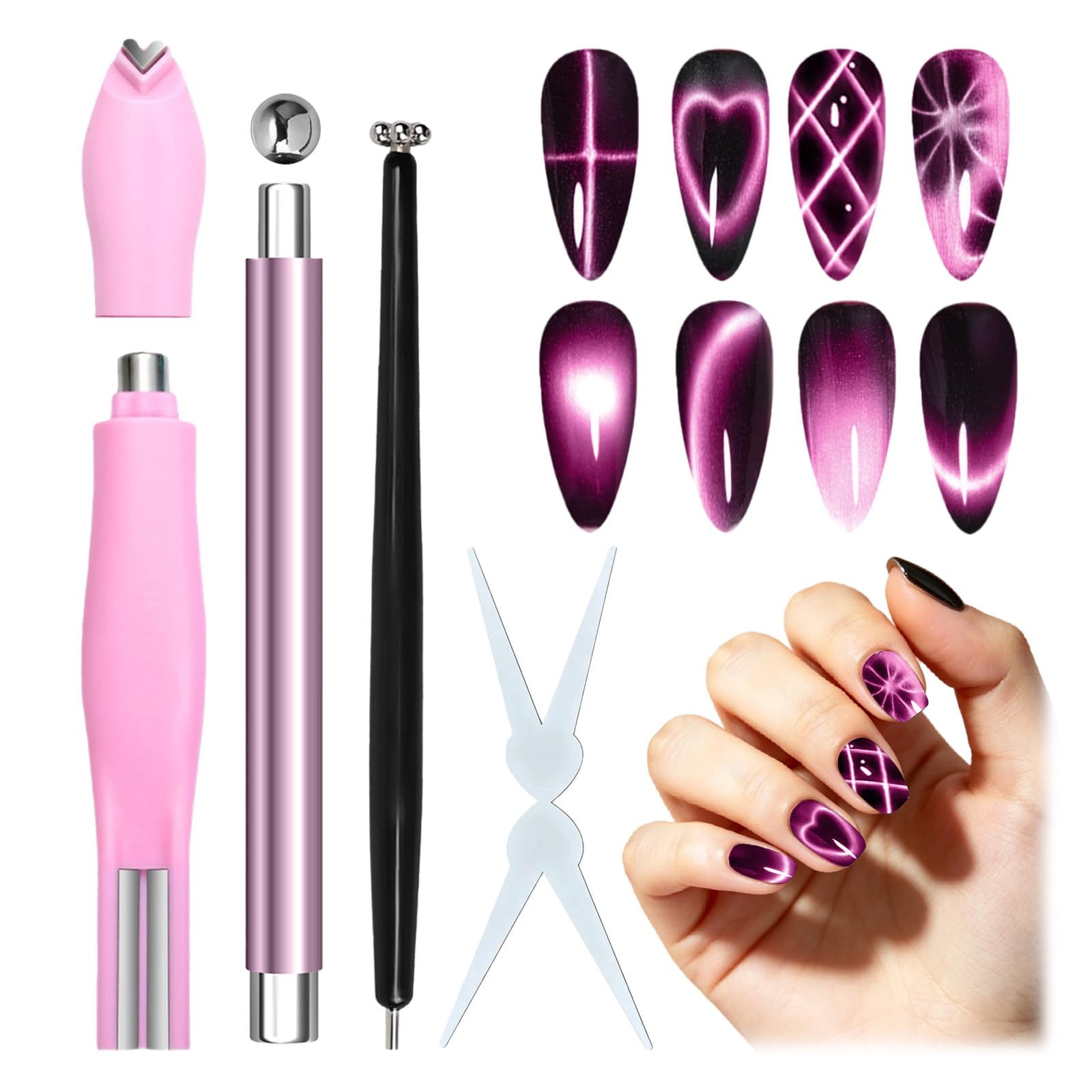 Cat Eye Magnet Set for Nails, 5 Pcs 3-in-1 Nail Magnet Kit Pink