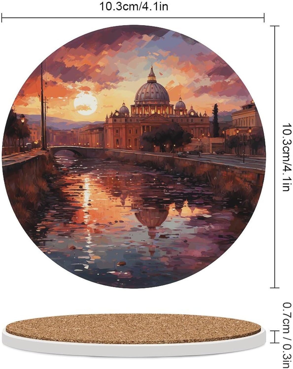 6PCS Rome Sunset Coasters Non-Slip Round Drink Coasters with Ceramic Stone and Cork Base, Heat Resistant Absorbent 33.00Stone Coaster Set for Kinds of Mugs and Cups, 4 Inch