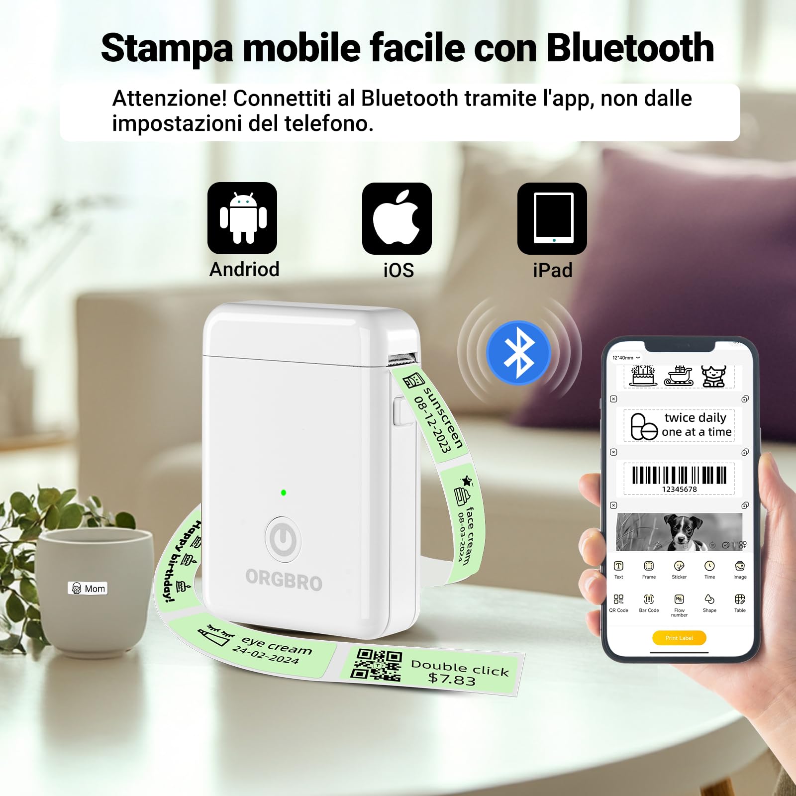 ORGBRO X1 Etichettatrice Termica Portatile Bluetooth - Mini Stampante per Etichette Adesive Senza Inchiostro/Cartucce con 1 Rotolo Incluso, Compatibile con iOS/Android per Casa, Ufficio (Bianco)